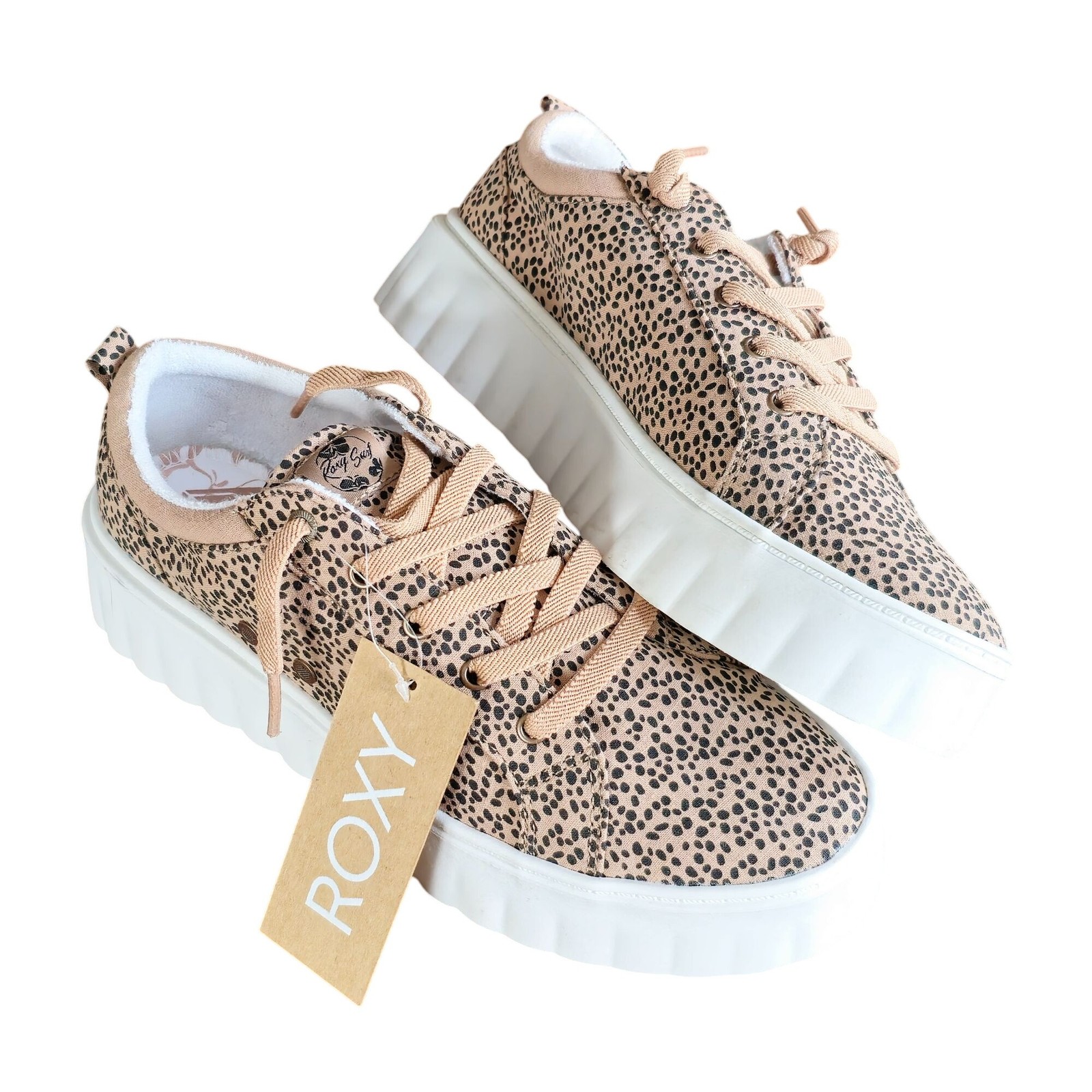 Roxy Sheilahh Leopard Print Platform Sneakers Size 10 Brown Black Lace Up Canvas