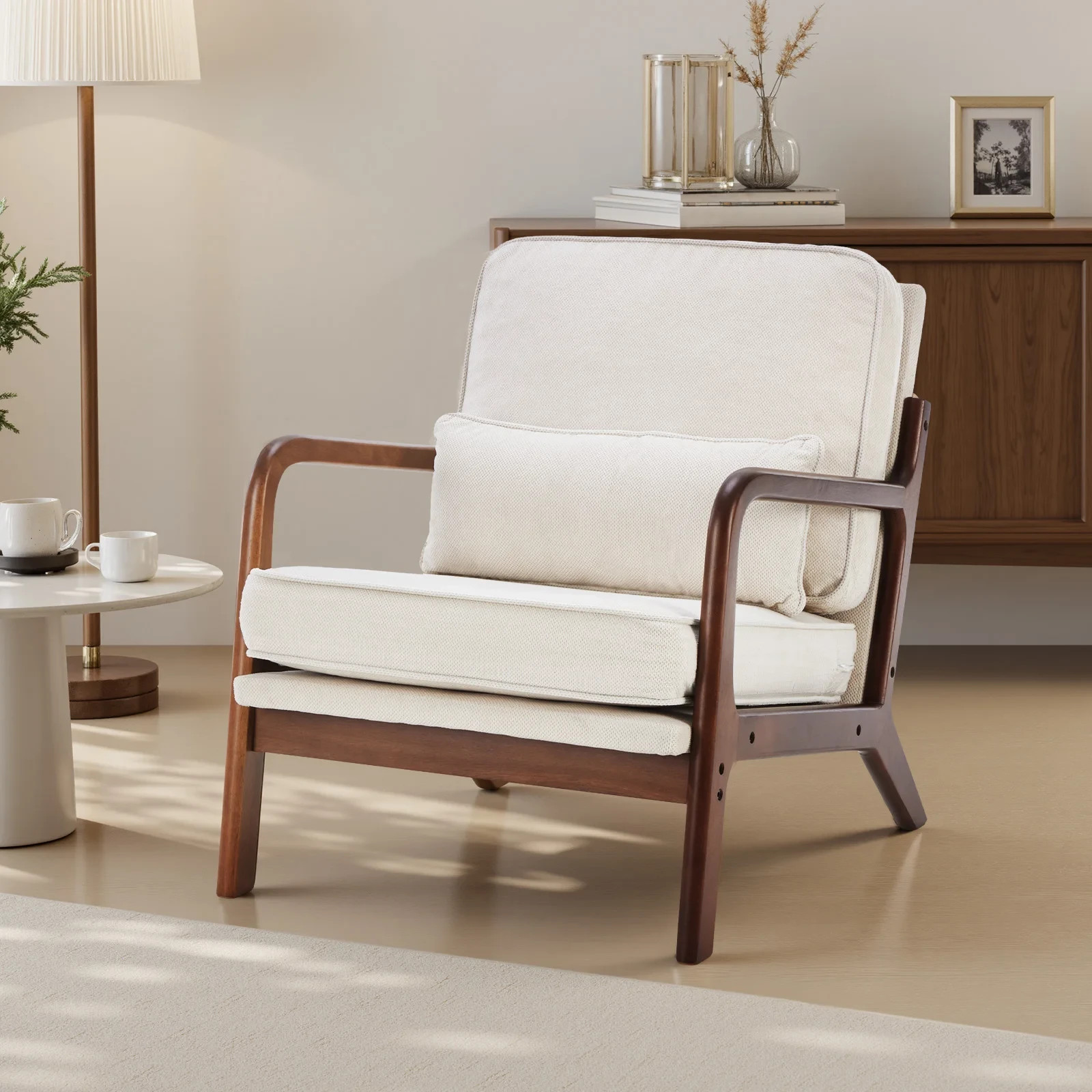 White Mid Century Modern Accent Chair,Fabric Reading Chair w/ Solid Wood Frame White Mid Century Modern Accent Chair,Fabric Reading Chair w/ Solid Wood Frame