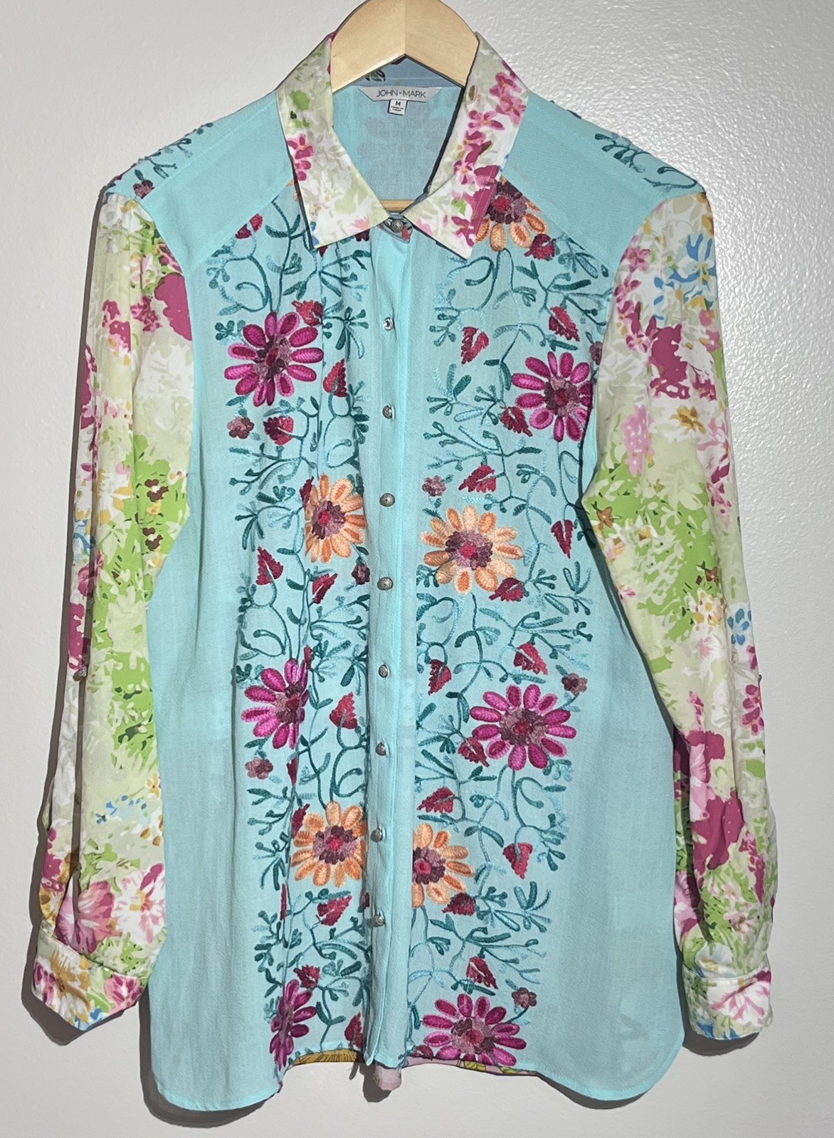 John Mark Hello Sunshine Teal Embroidered Floral Tunic Blouse Sz Med Mixed Media John Mark Hello Sunshine Teal Embroidered Floral Tunic Blouse Sz Med Mixed Media