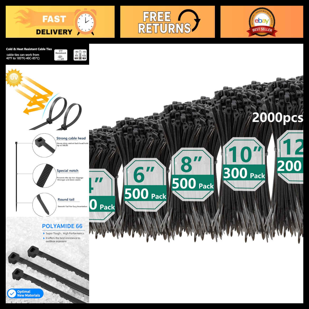 2000 PCS Assorted Zip Ties - 4-12 Inch Self-Locking Nylon Cable Ties, UV Resista