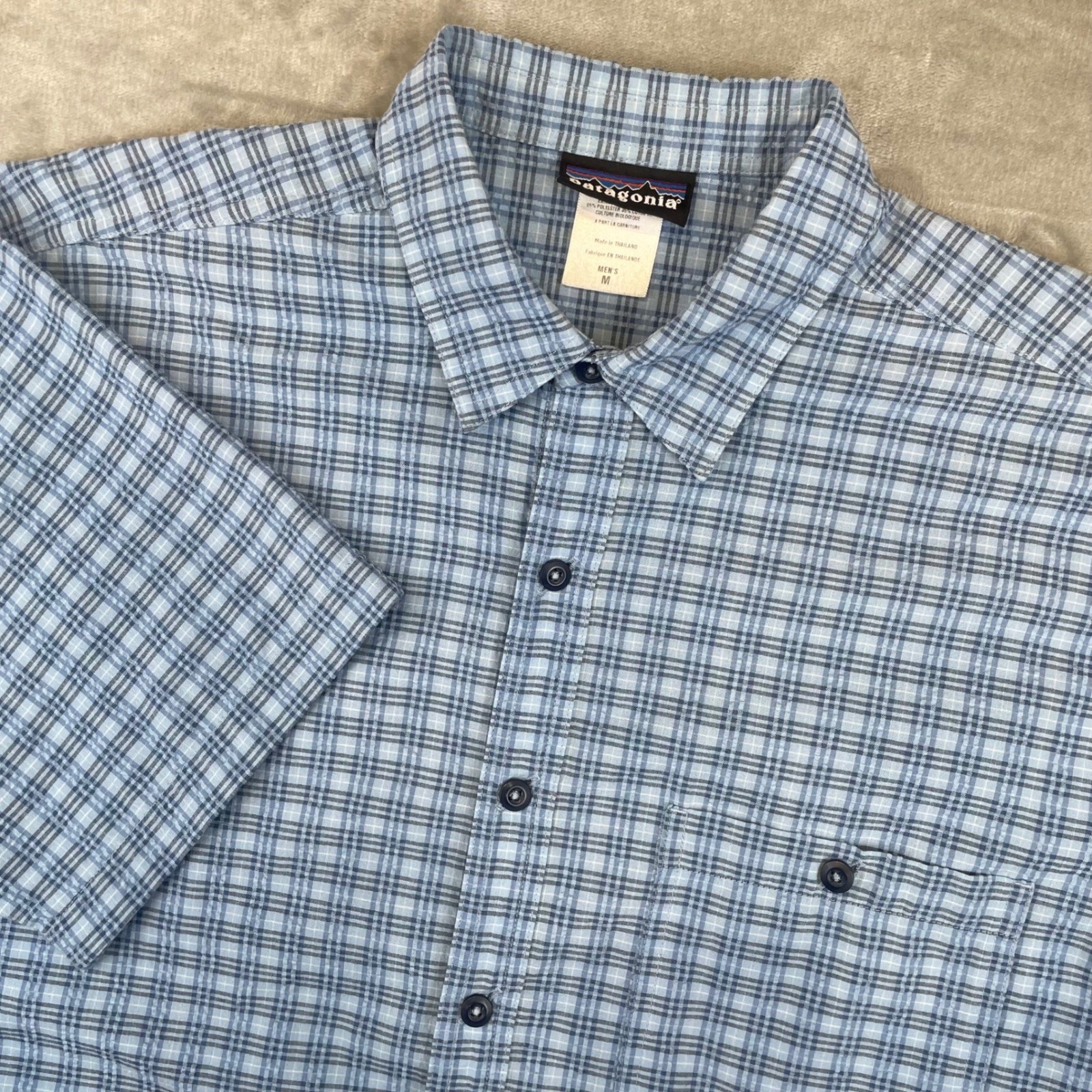 Patagonia Mens Short Sleeve Plaid Button Down Shirt Blue Organic Cotton Blend M Patagonia Mens Short Sleeve Plaid Button Down Shirt Blue Organic Cotton Blend M