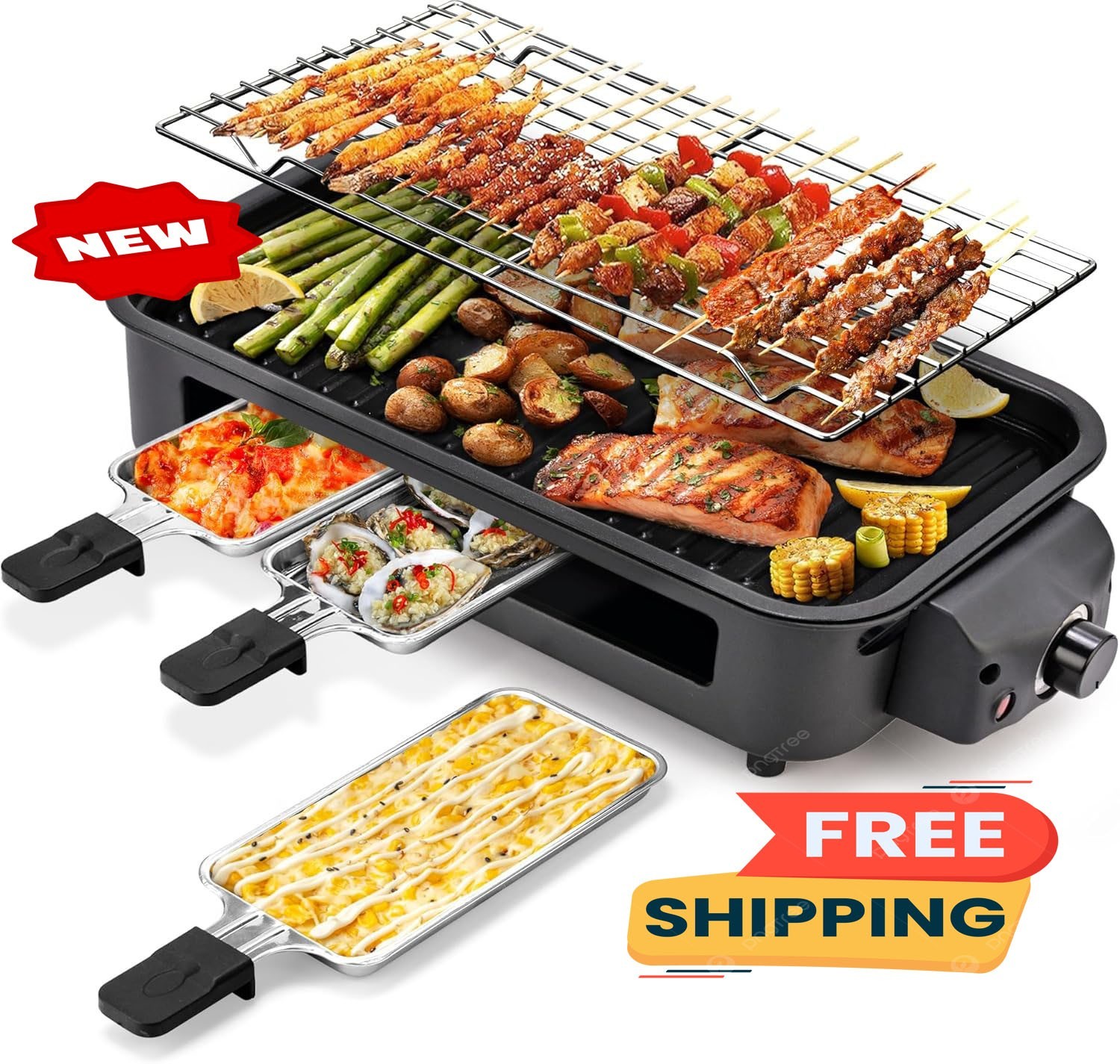 Parrilla eléctrica para interiores, 2 en 1, para cocina, con rejilla y placa ant Parrilla eléctrica para interiores, 2 en 1, para cocina, con rejilla y placa ant