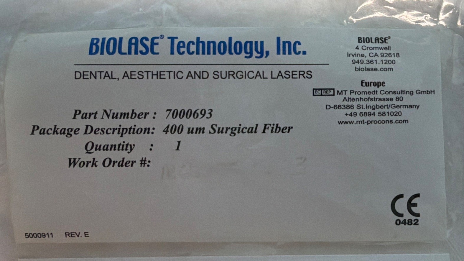 BIOLASE 400um Surgical 3 Meter Fiber - Dental LaserSmile Accessory MPN 7000693 BIOLASE 400um Surgical 3 Meter Fiber - Dental LaserSmile Accessory MPN 7000693
