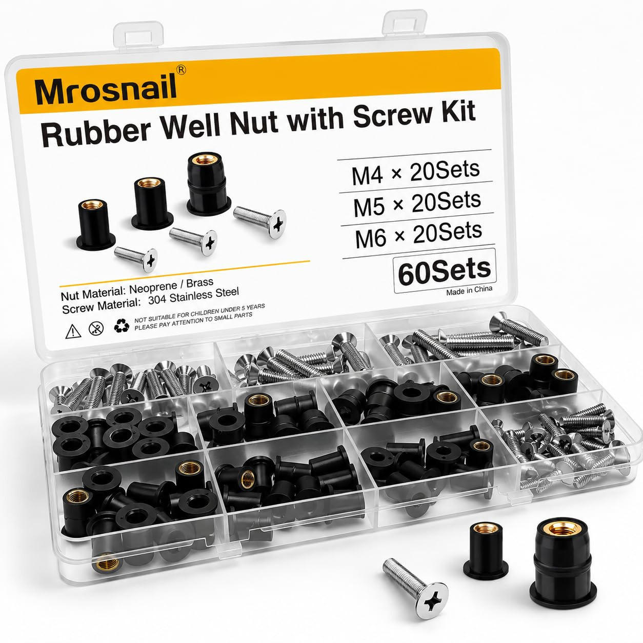 60PCS Neoprene Well Nuts Kit with Stainless Steel Screws, M4 M5 M6 60PCS Neoprene Well Nuts Kit with Stainless Steel Screws, M4 M5 M6