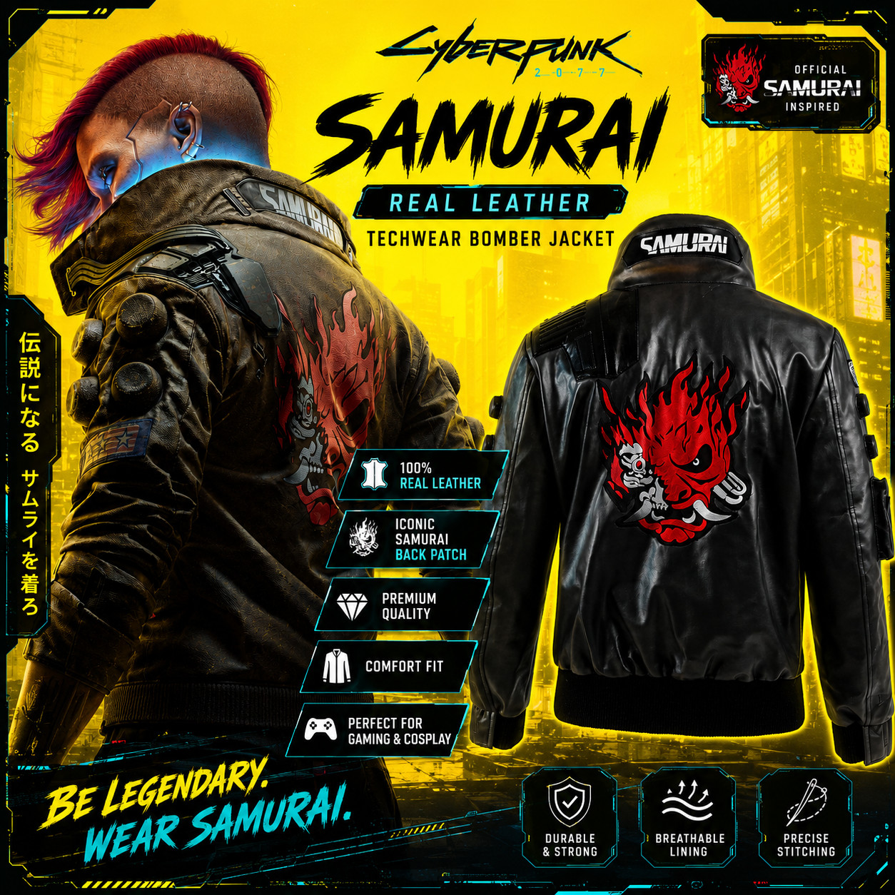 Cyberpunk 2077 Samurai Mens Real Leather Techwear Bomber Gaming Cosplay Jacket