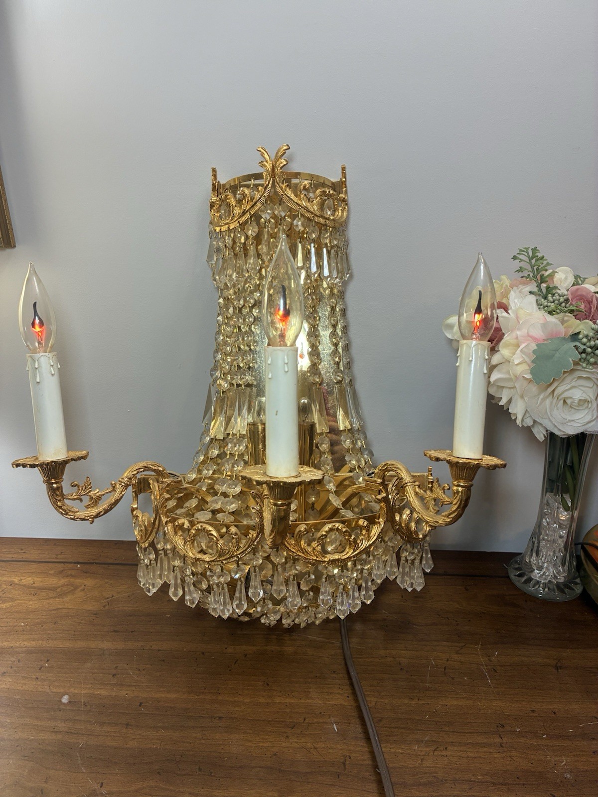 Vintage MCM Gilded Brass&Crystal Waterfall Sconce 3 Light Made In Spain Works 