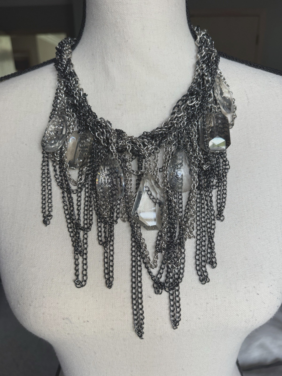 BCBG Silver & Gunmetal Beaded Bib Cluster Chain Statement Necklace Box Bag BCBG Silver & Gunmetal Beaded Bib Cluster Chain Statement Necklace Box Bag