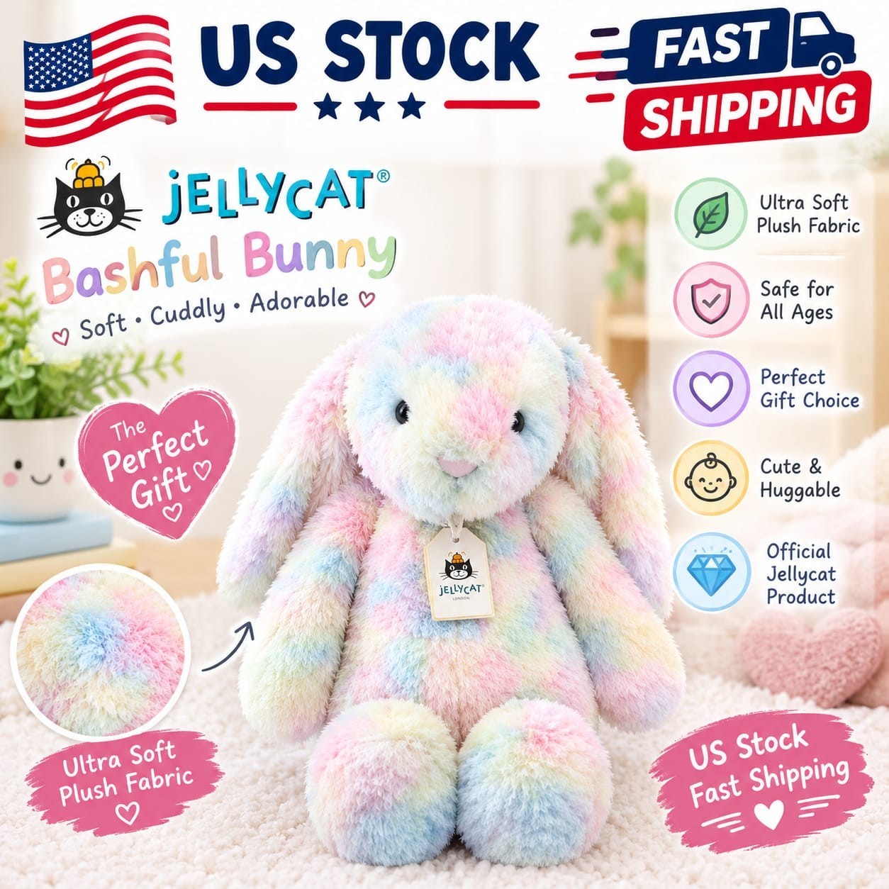 Jellycat Luxe Bunny Lazulia Plush Toy Rainbow Rabbit