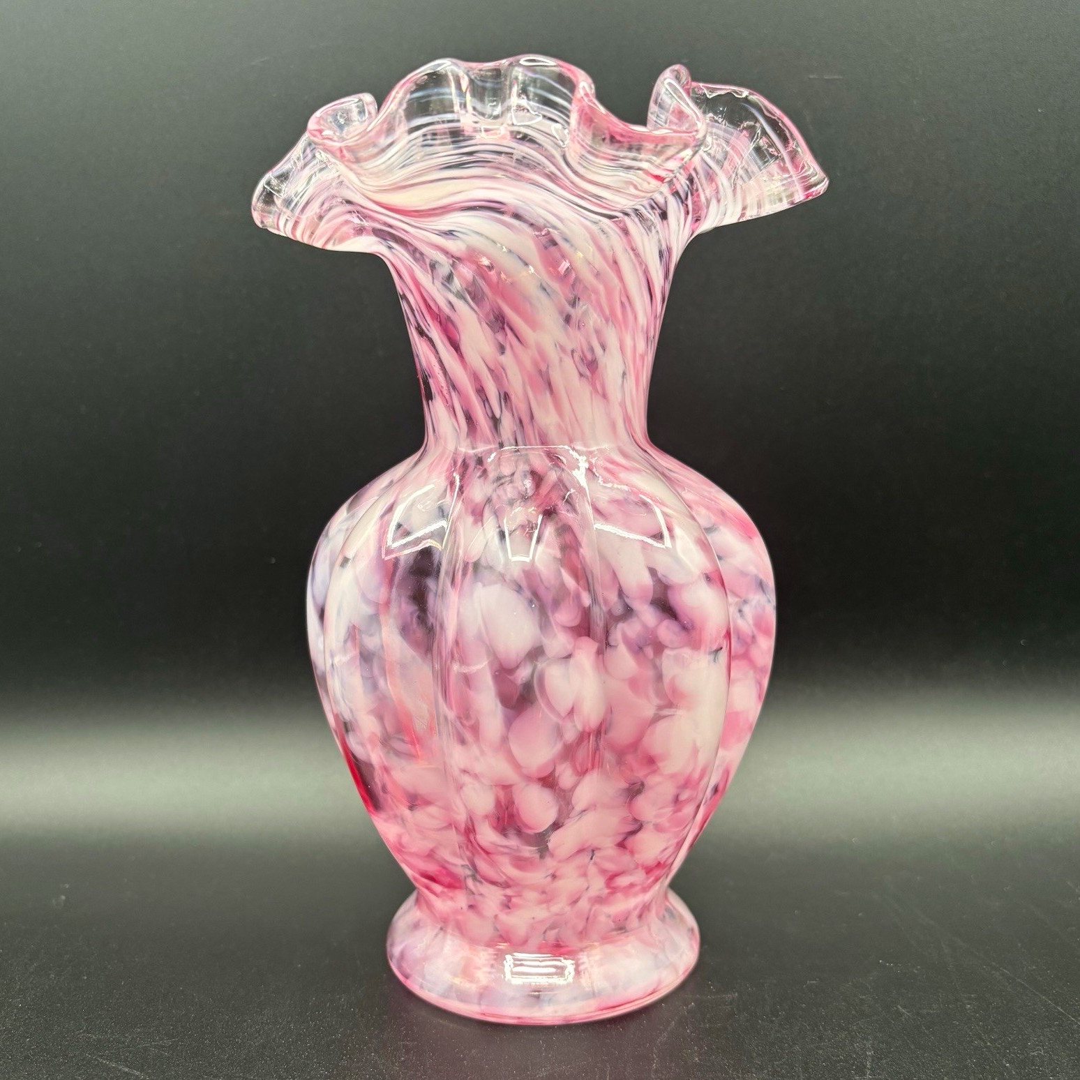 Fenton Murrhina Rose Mist Vase Pink Ruffled Vintage 8” Fenton Murrhina Rose Mist Vase Pink Ruffled Vintage 8”