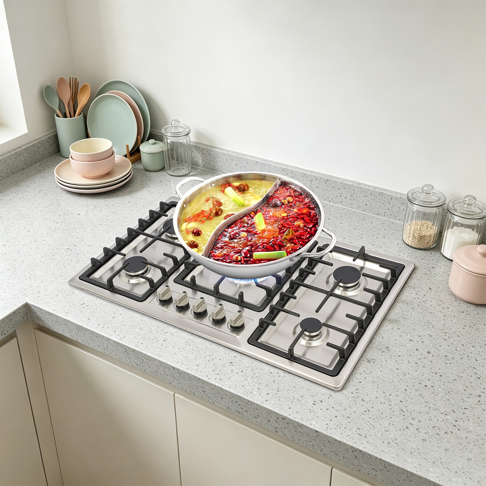 36 Inch Gas Cooktop 5 Burner Gas Stove Top Built-In Stainless Steel Gas Hob