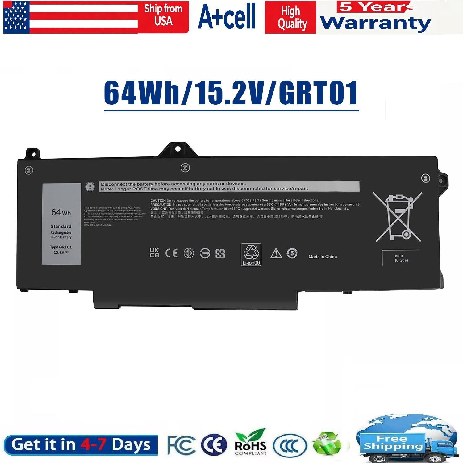 ✅GRT01 Battery For Dell Latitude 5521 5421 Precision 3561 3571 3581 3470 64Wh