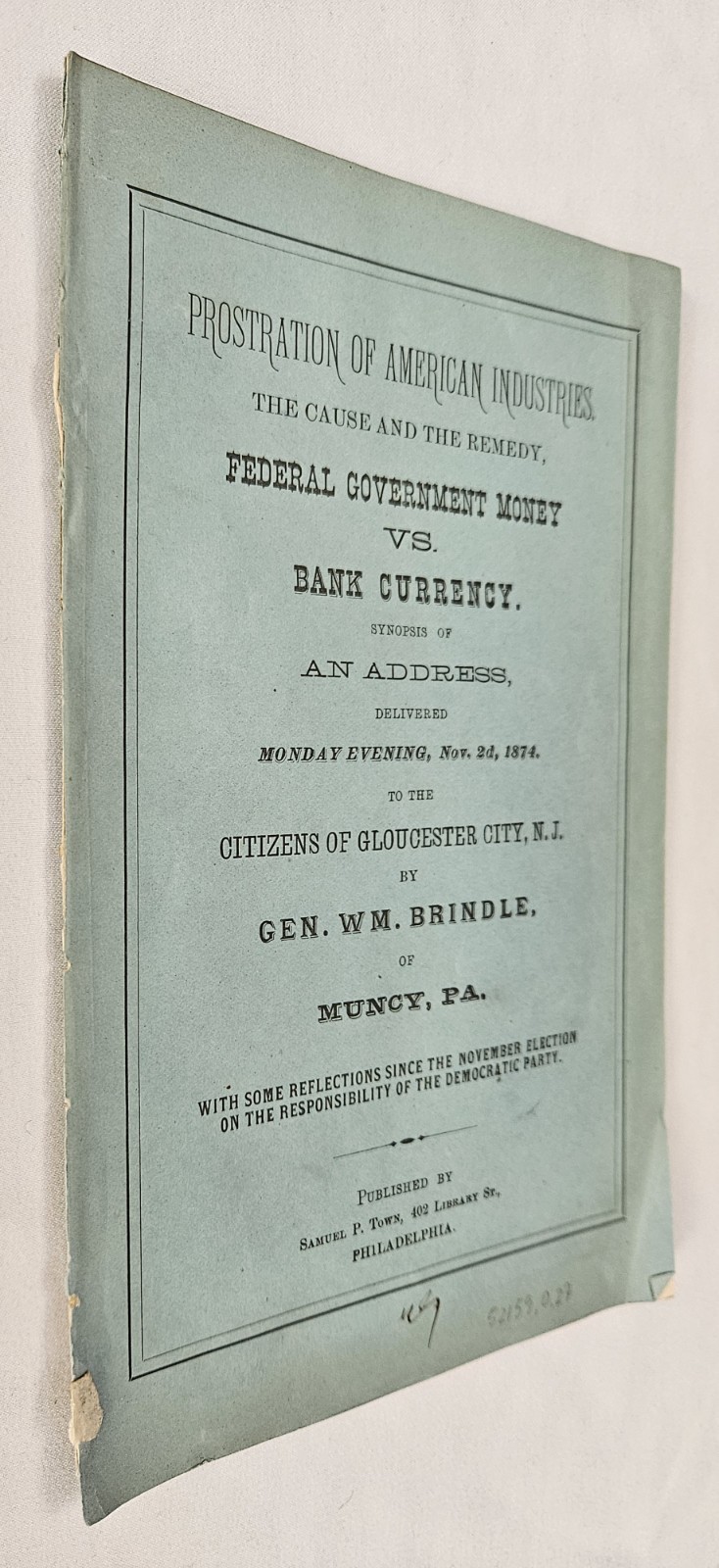1874 Brindle Prostration American Industries Money Currency Greenback Pamphlet