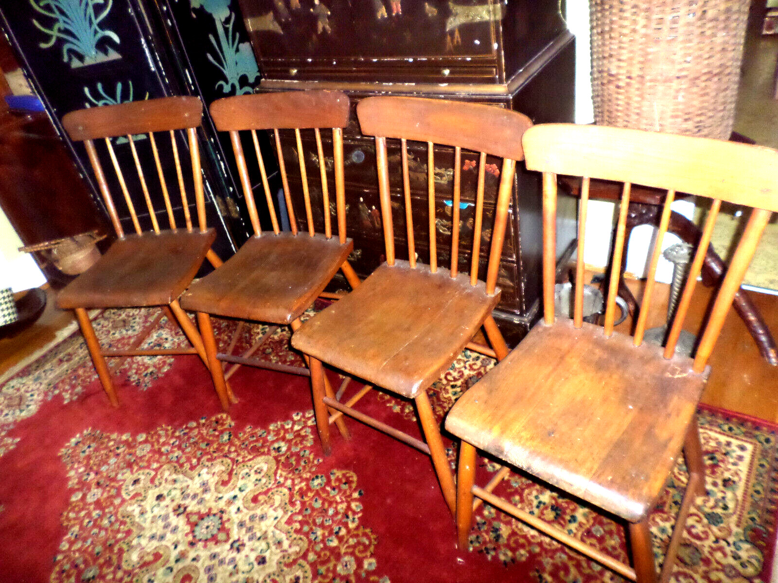 RARE Antique Primitive Early American Pine Chairs Set of 4 RARE Antique Primitive Early American Pine Chairs Set of 4