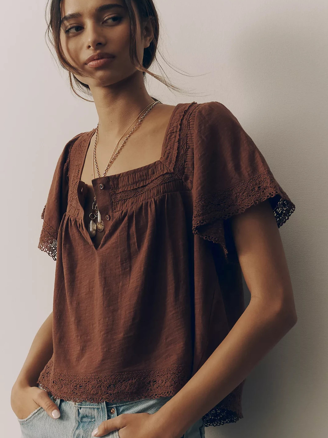 NWT Anthropologie Lace-Trimmed Short-Sleeve Henley Shirt Brown Sz M Cottage Boho NWT Anthropologie Lace-Trimmed Short-Sleeve Henley Shirt Brown Sz M Cottage Boho