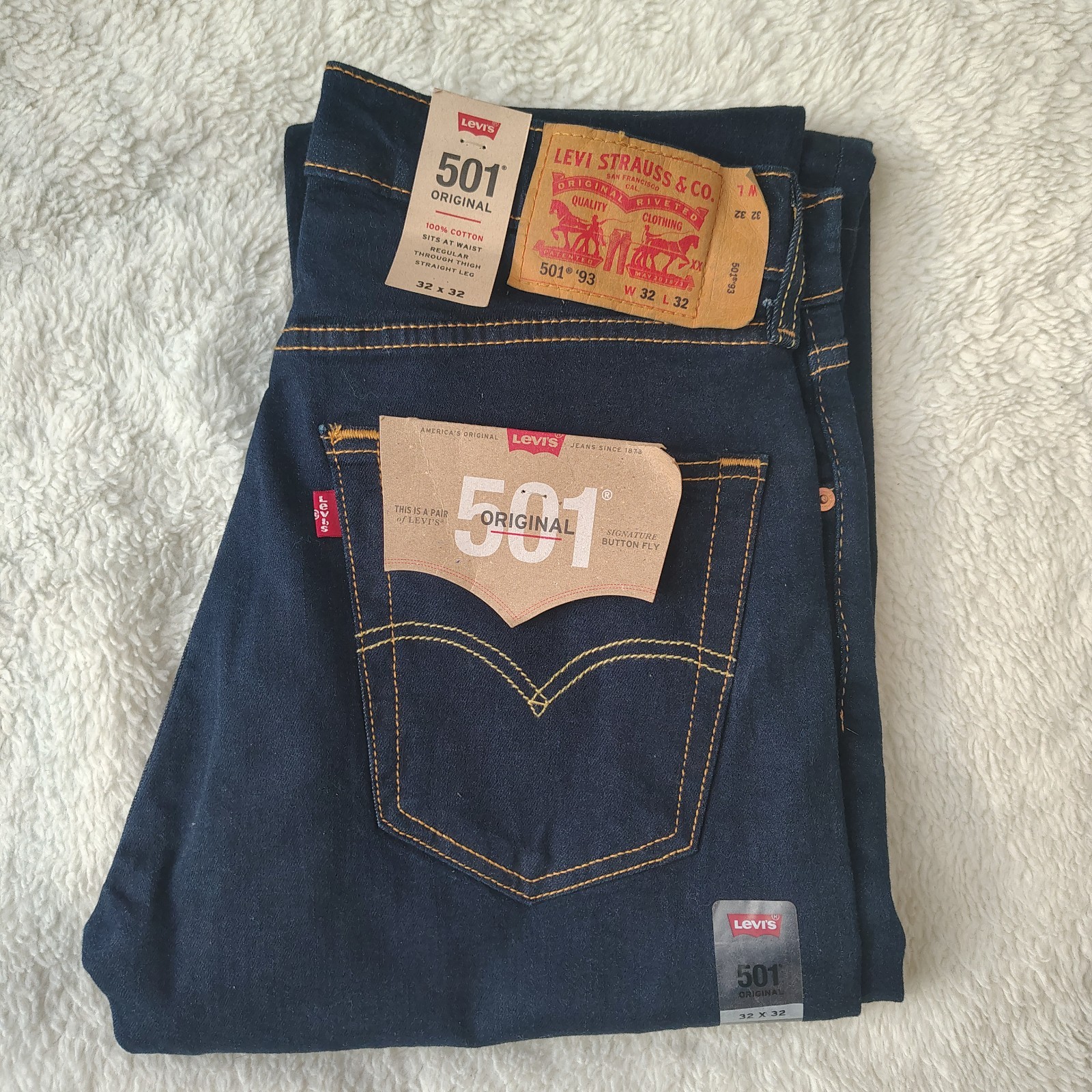 Levi\'s 501 Men\'s Jeans 32x32 Dark Wash Stretch Straight Leg Button Fly NWT Levi\'s 501 Men\'s Jeans 32x32 Dark Wash Stretch Straight Leg Button Fly NWT