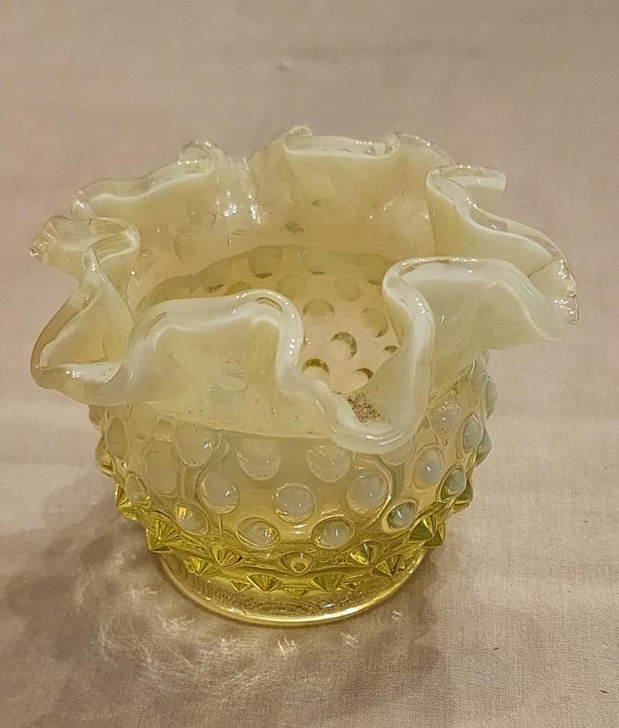 Vtg Fenton Topaz Opalescent Hobnail Rose Bowl Ruffled Glass UV Glows 4 Vtg Fenton Topaz Opalescent Hobnail Rose Bowl Ruffled Glass UV Glows 4