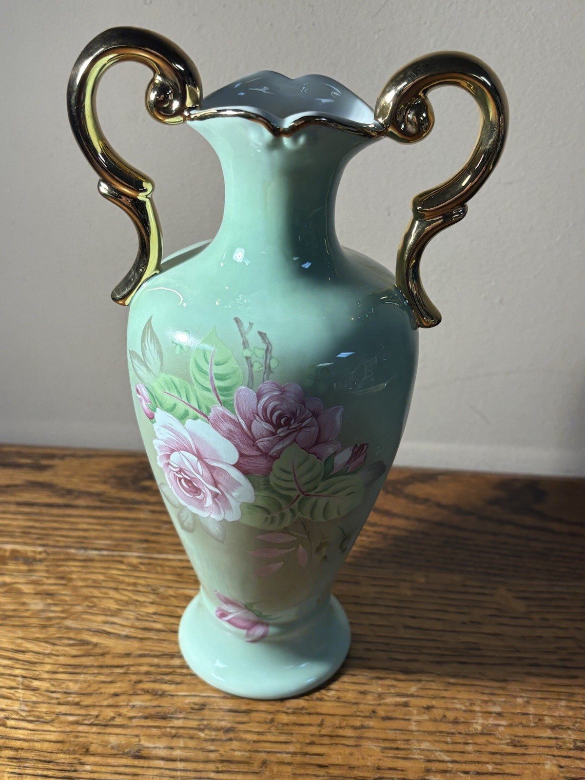 Vtg 1984 Lefton Mint Green Porcelain Vase with Handpainted detail, handles 9 Vtg 1984 Lefton Mint Green Porcelain Vase with Handpainted detail, handles 9