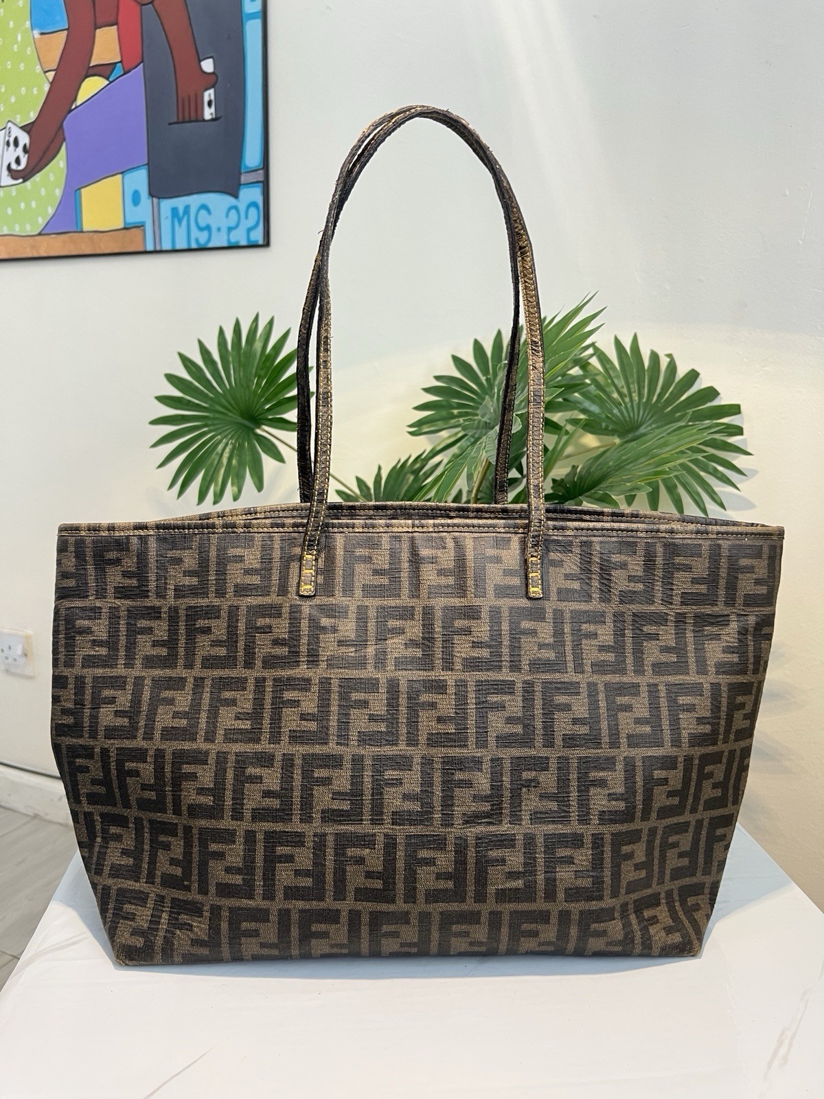 Fendi Roll Tote Bag Zucca Monogram FF Canvas Brown Leather Handbag Shopper Fendi Roll Tote Bag Zucca Monogram FF Canvas Brown Leather Handbag Shopper
