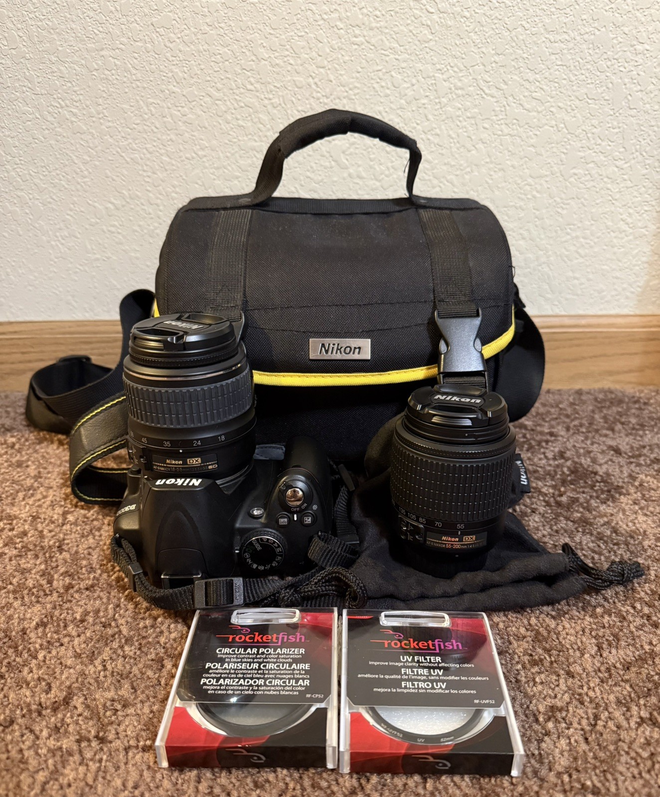 Nikon D3000 DSLR Camera with Nikkor 18-55mm and 55-200mm Lenses + Filters w/ Bag Nikon D3000 DSLR Camera with Nikkor 18-55mm and 55-200mm Lenses + Filters w/ Bag