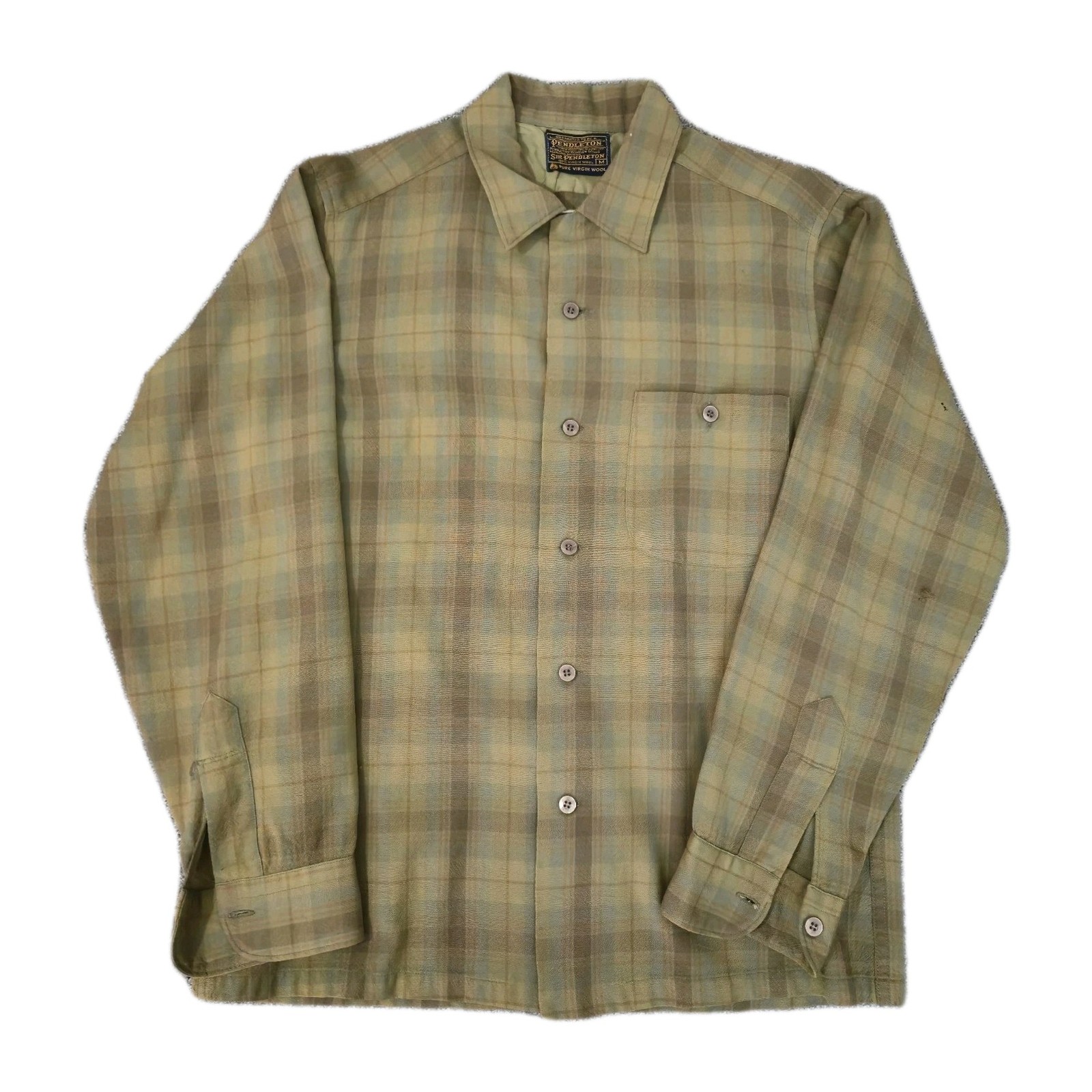 Vintage 1950s Sir Pendleton Size M Plaid Loop Collar Wool Shirt USA Green