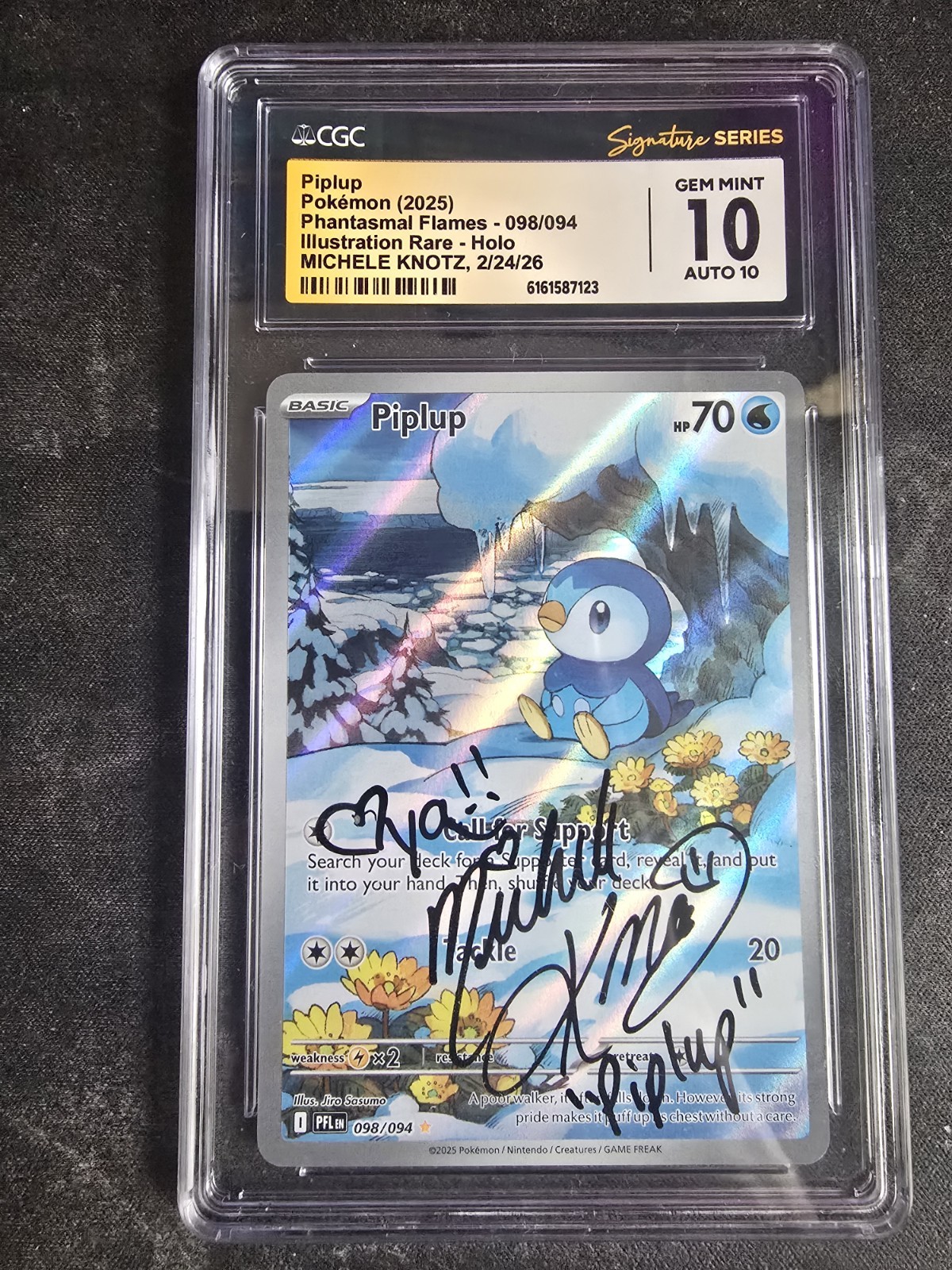 CGC Gem Mint 10 Auto 10 Michele Knotz Signed Piplup 098/094 Phantasmal Flames IR