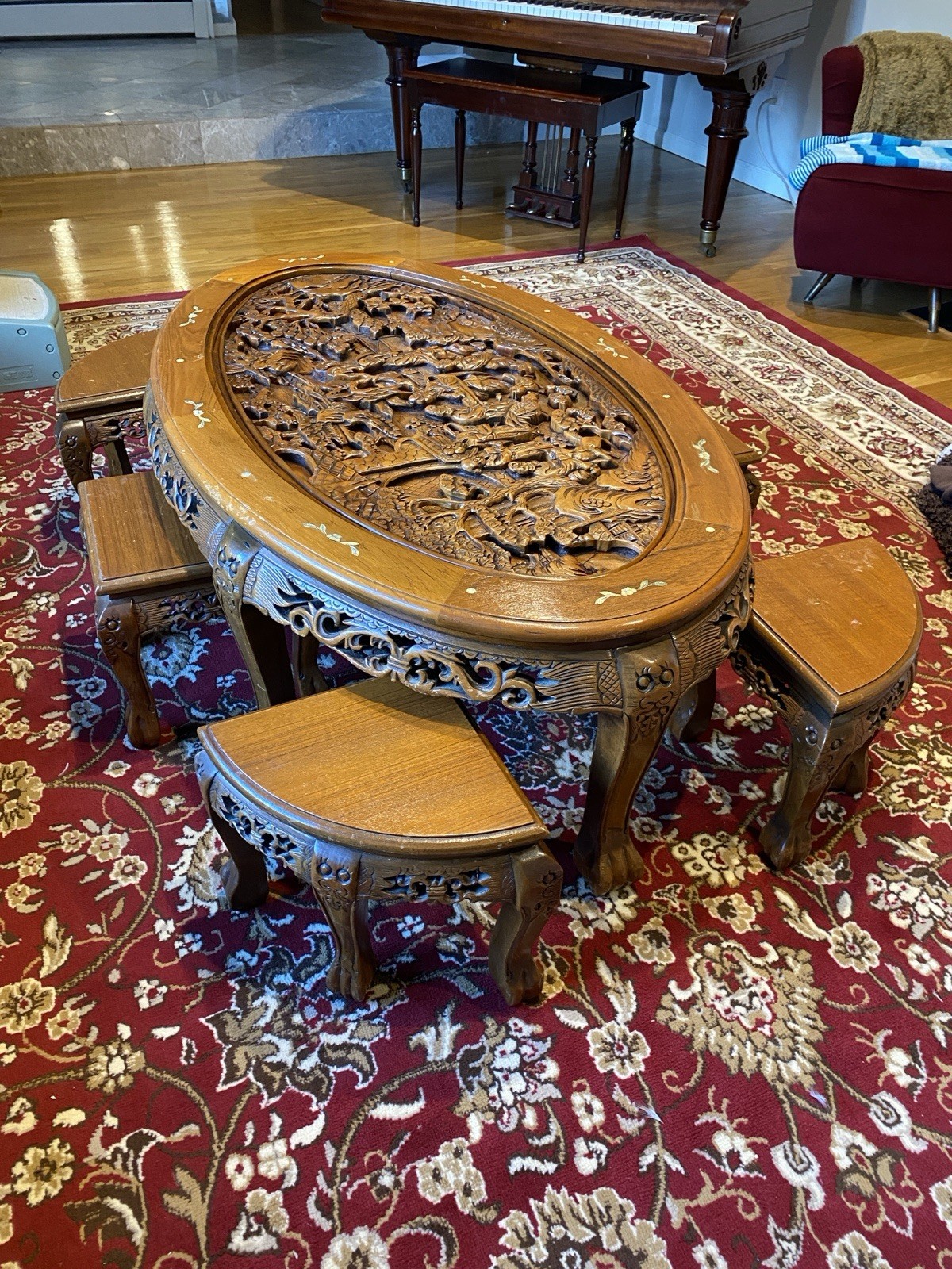 Chinese Carved Wood Oval Coffee Table w/ Matching Stools Brown