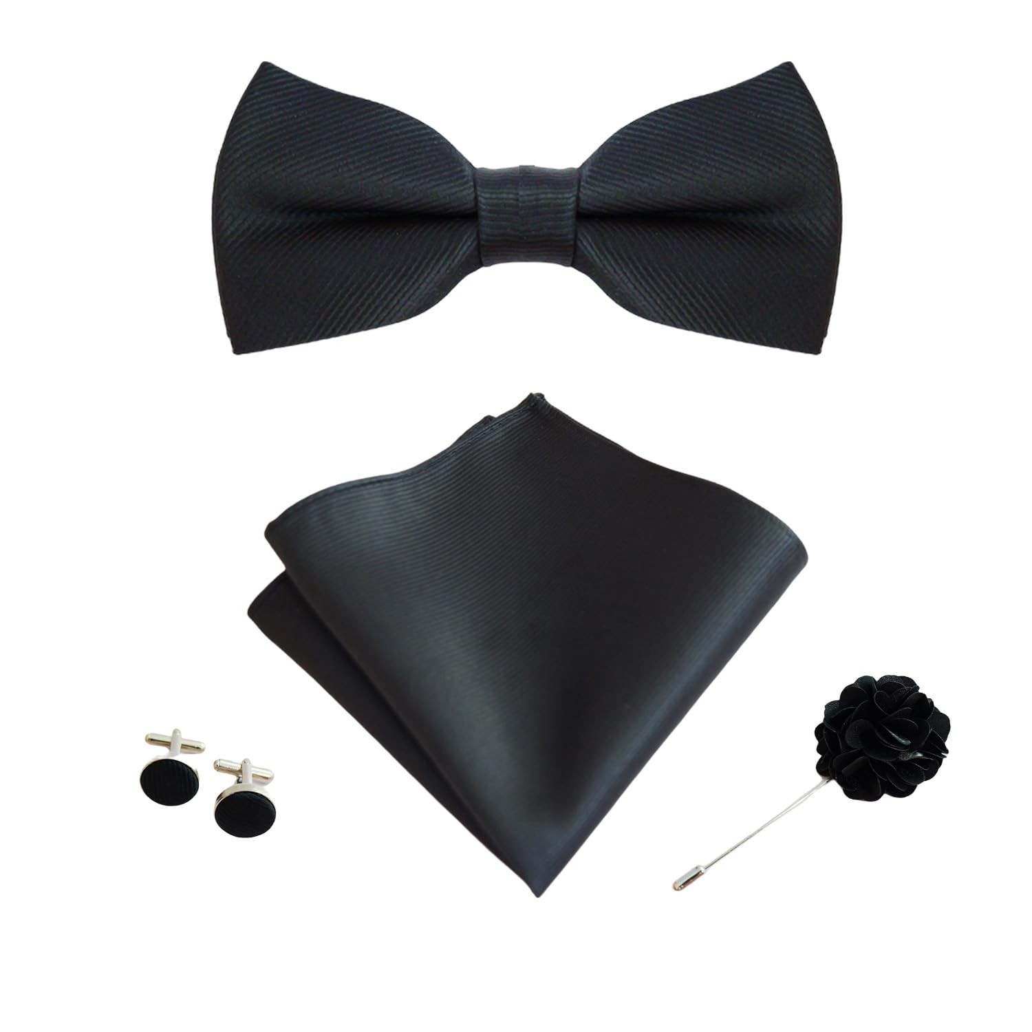 Black Bow Ties for Men Solid Color Pre-tied Adjustable Bowtie Pocket Square and Black Bow Ties for Men Solid Color Pre-tied Adjustable Bowtie Pocket Square and