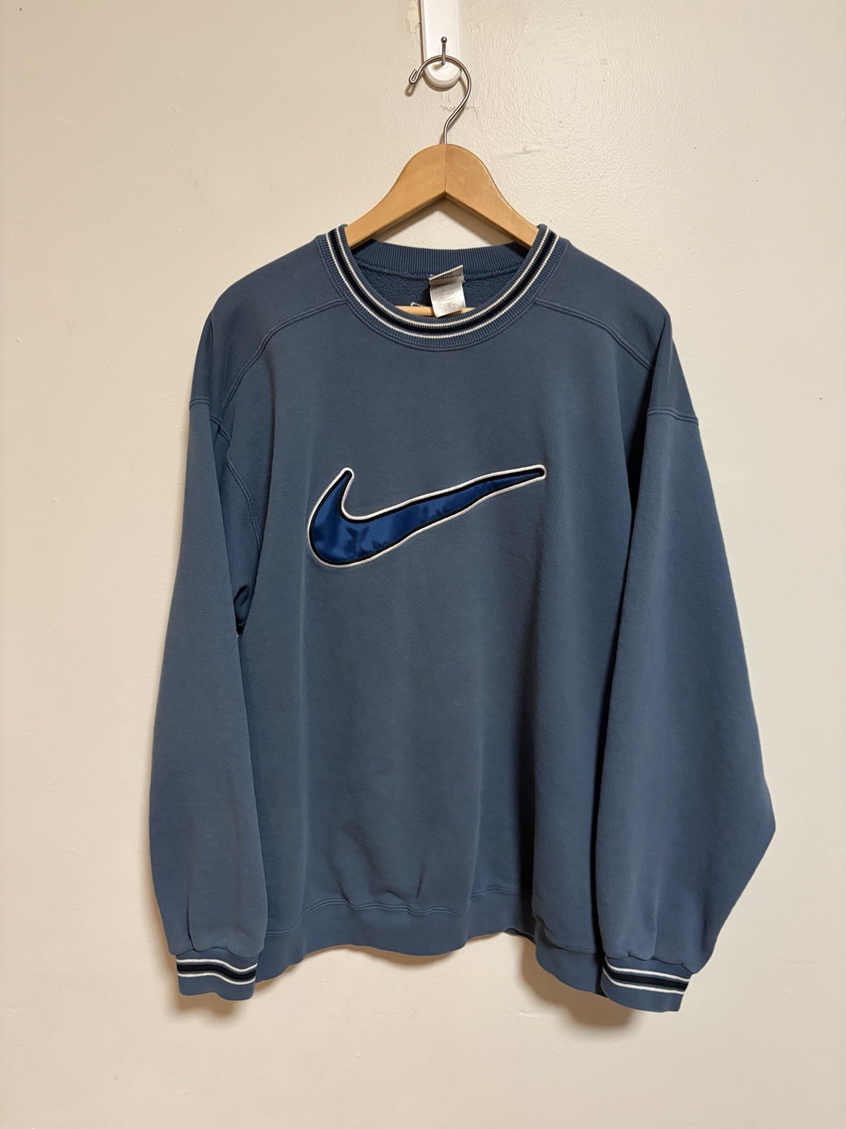 Vintage 90s Nike Faded Blue Big Center Swoosh Crewneck Sweatshirt XL Made In USA