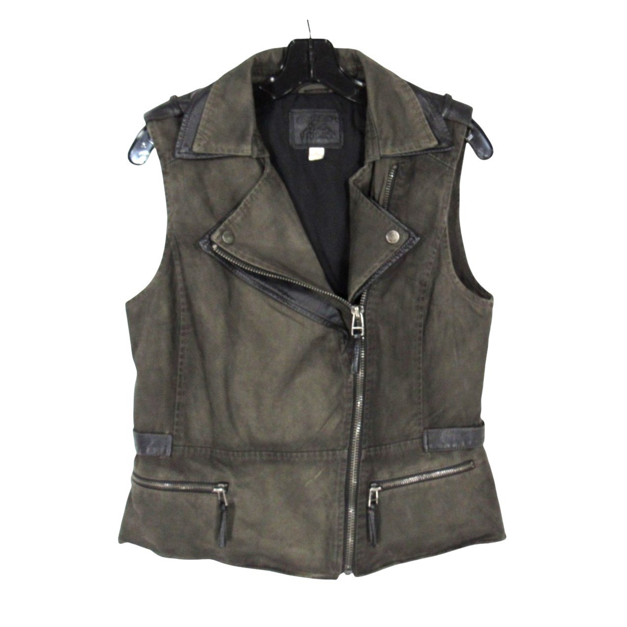 CHELSEA & VIOLET Army Green FAUX LEATHER TRIM Snap ZIP POCKETS Moto Vest Sz S CHELSEA & VIOLET Army Green FAUX LEATHER TRIM Snap ZIP POCKETS Moto Vest Sz S