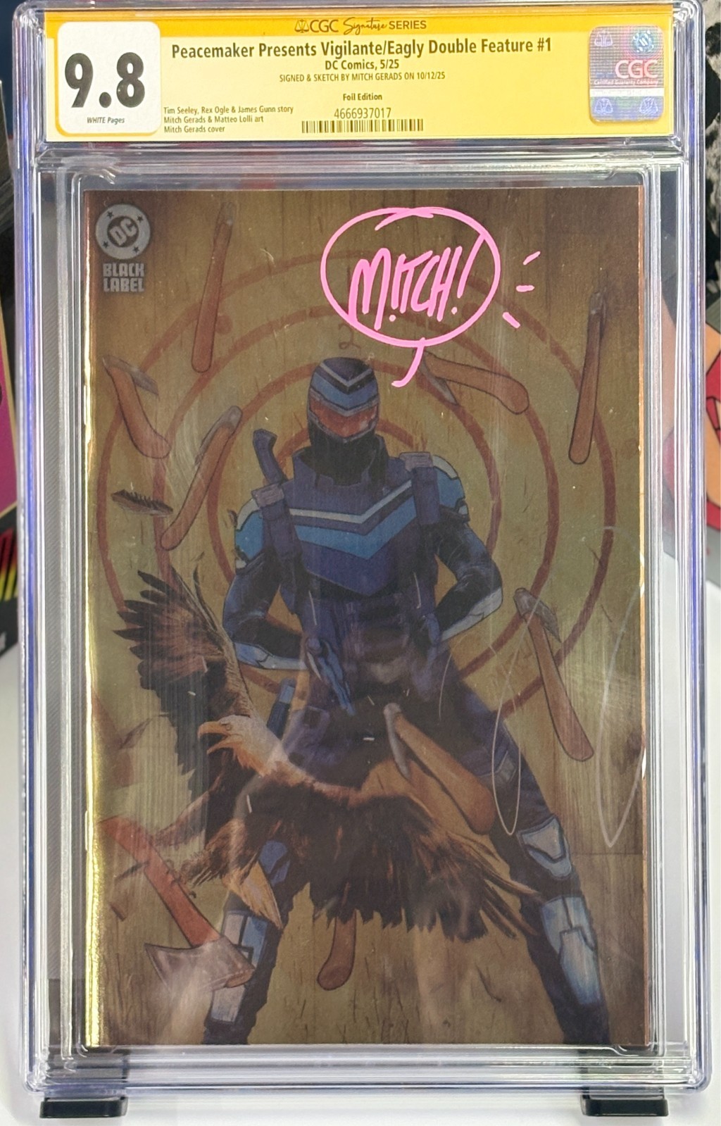 Peacemaker Vigilante Eagly #1D  Virgin Foil CGC 9.8 SS Signed & Sketch Top Pop