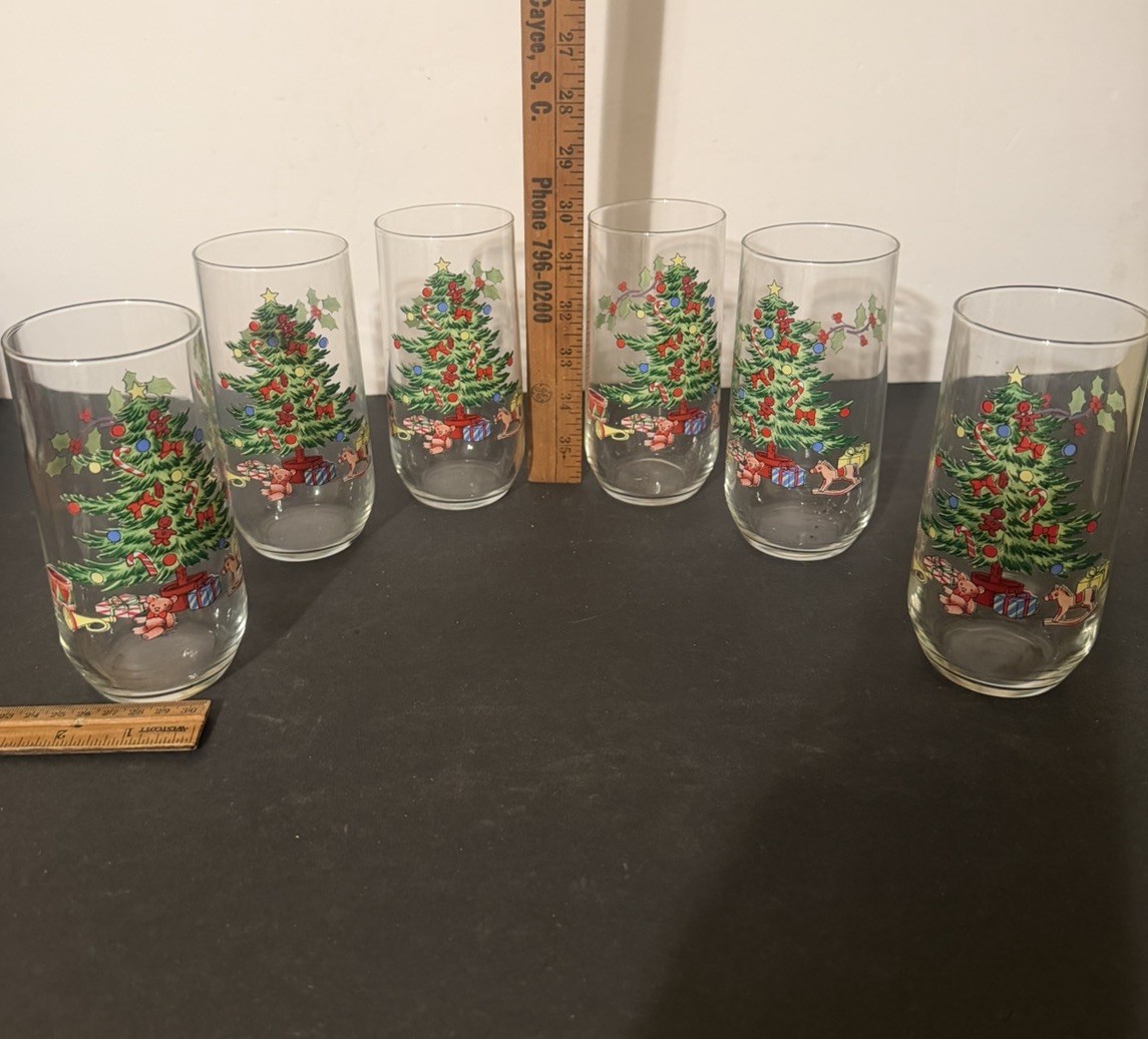 Vintage Luminarc Christmas Tree NOEL Glasses (6) Holiday Festive 16oz Approx 6”