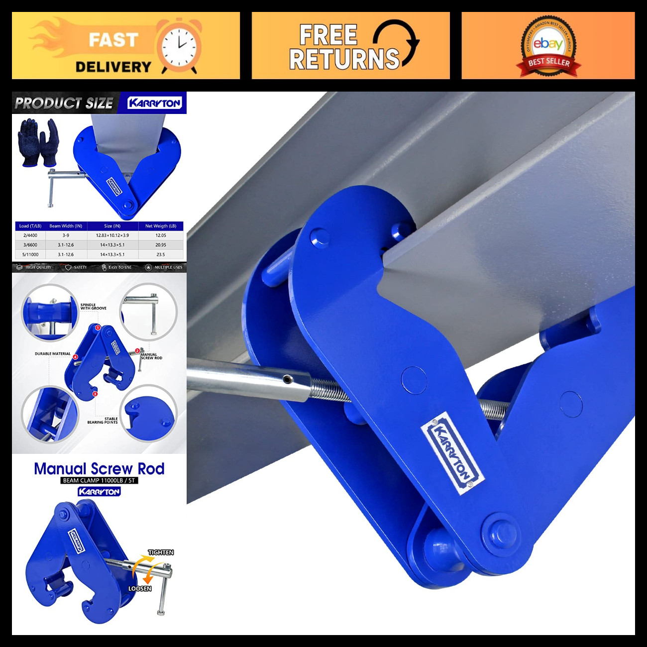 Heavy Duty Beam Clamp 11000LB/5Ton, Adjustable 3.1-12.6In Flange Width