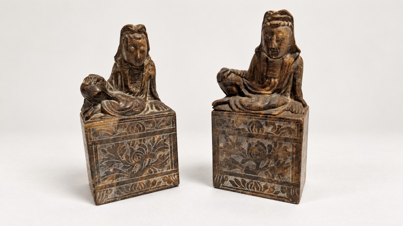 Vintage Chinese Carved Soapstone Guanyin Kwan Yin Bookends Pair