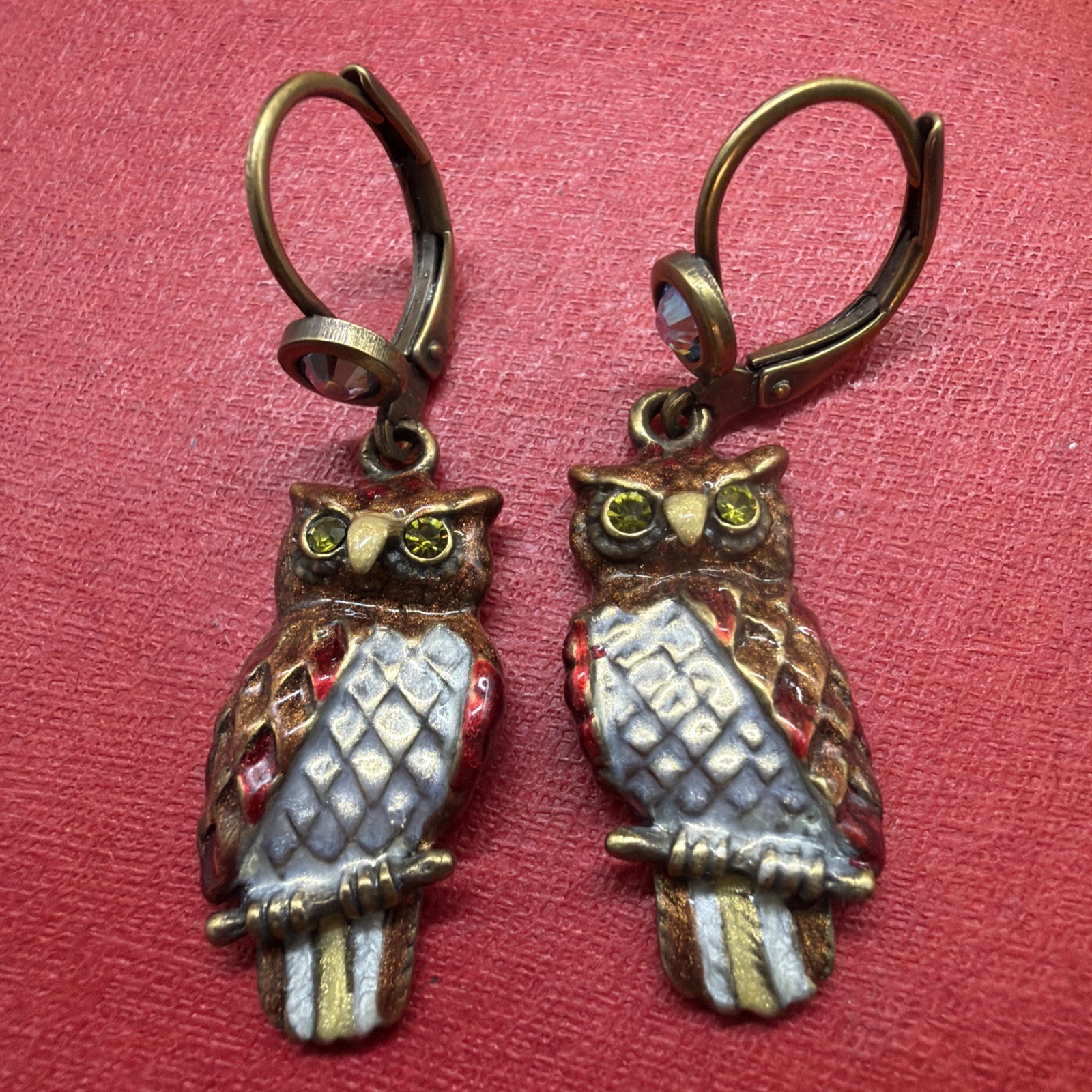 Beautiful Enameled Kirk’s Folly Owl Dangle Earrings Signed