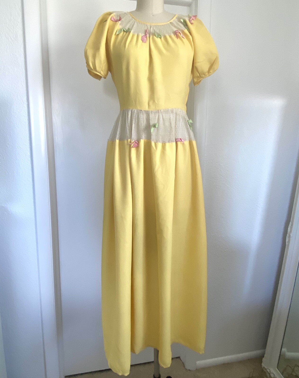 Vintage 1930s Yellow Bows Mesh Peekaboo Maxi Dress Long Womens 30s 1940s 40s