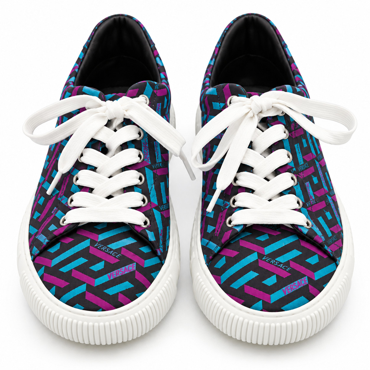 Versace Men\'s Greca Canvas Sneakers Teal Plum Logo Print Size 43 US 10 Box