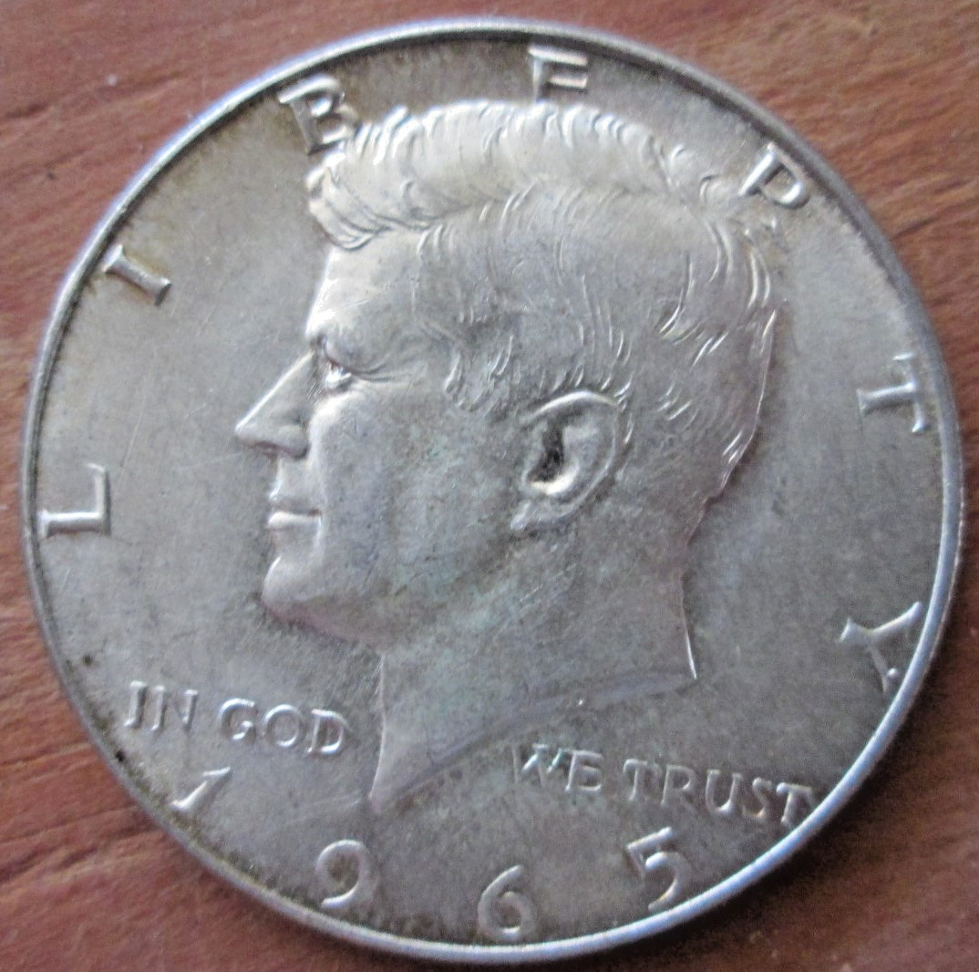 1965-P KENNEDY HALF DOLLAR, 40% SILVER, AU/MS CONDITION, CIRCULATED, NOT CLEANED 1965-P KENNEDY HALF DOLLAR, 40% SILVER, AU/MS CONDITION, CIRCULATED, NOT CLEANED