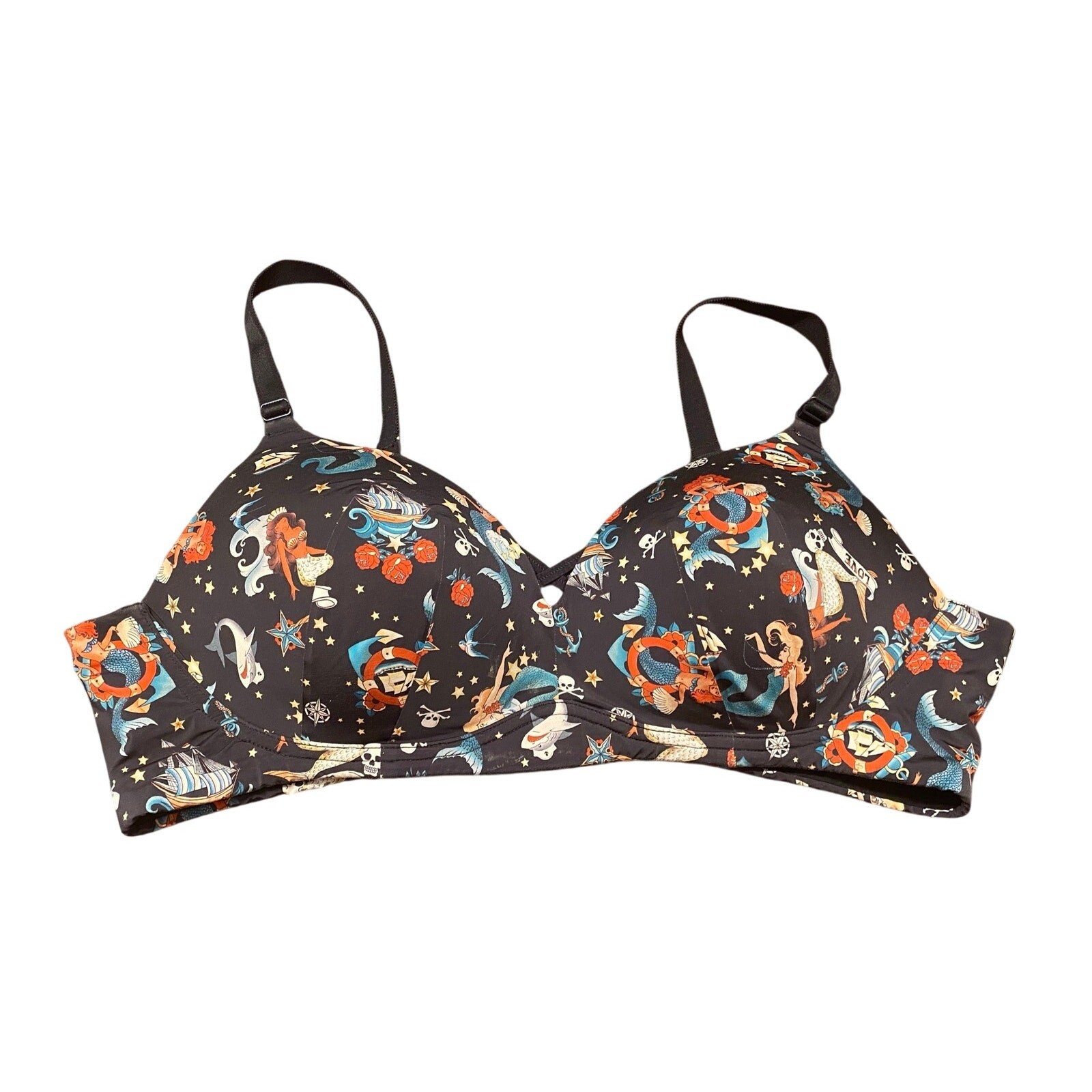 Torrid Curve 44C Mermaid Tattoo Bra Wire Free Push Up Nautical Pinup Rockabilly