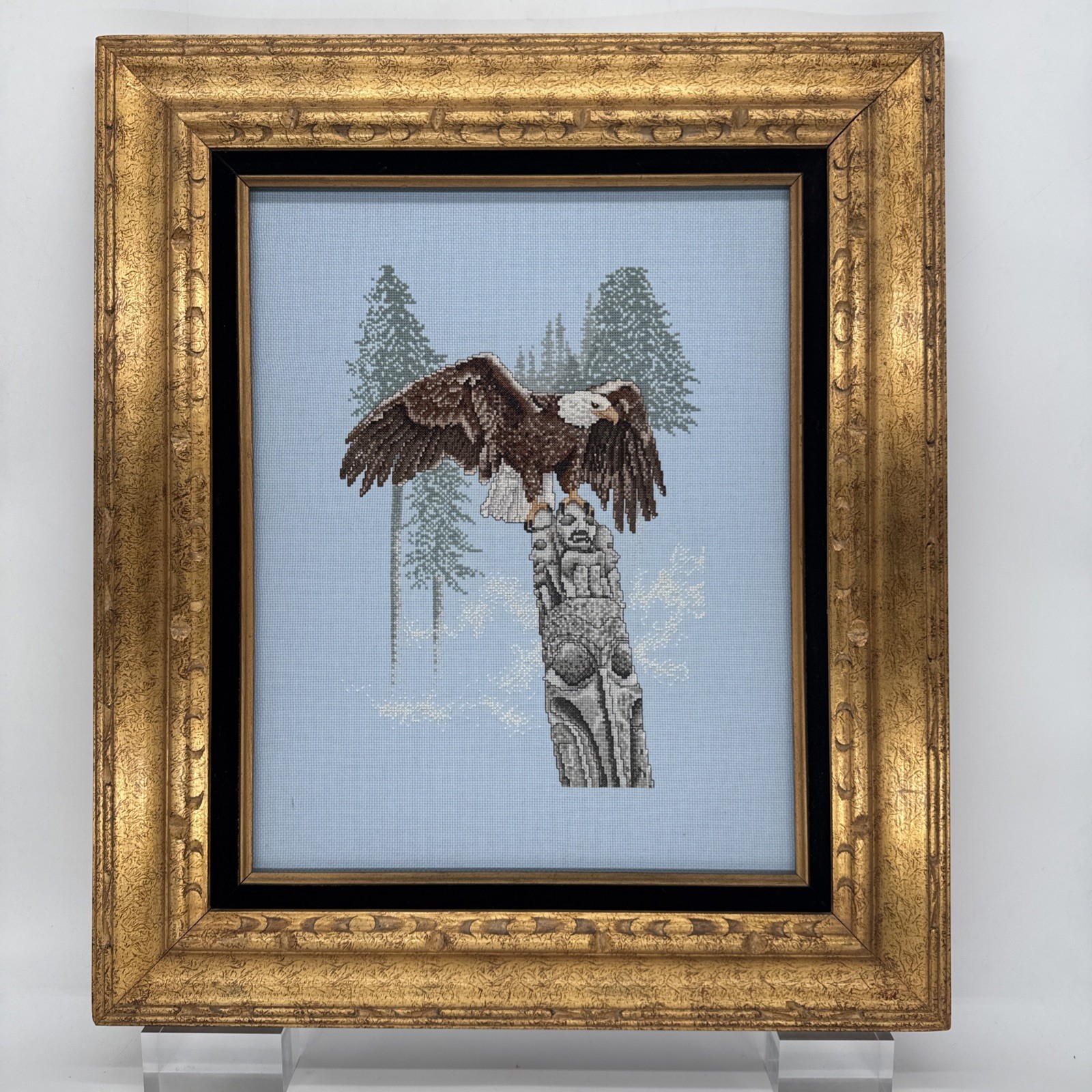 Lg Vintage Needlepoint PNW USA Bald Eagle On Native Totem Pro-Framed 24” X 28” Lg Vintage Needlepoint PNW USA Bald Eagle On Native Totem Pro-Framed 24” X 28”