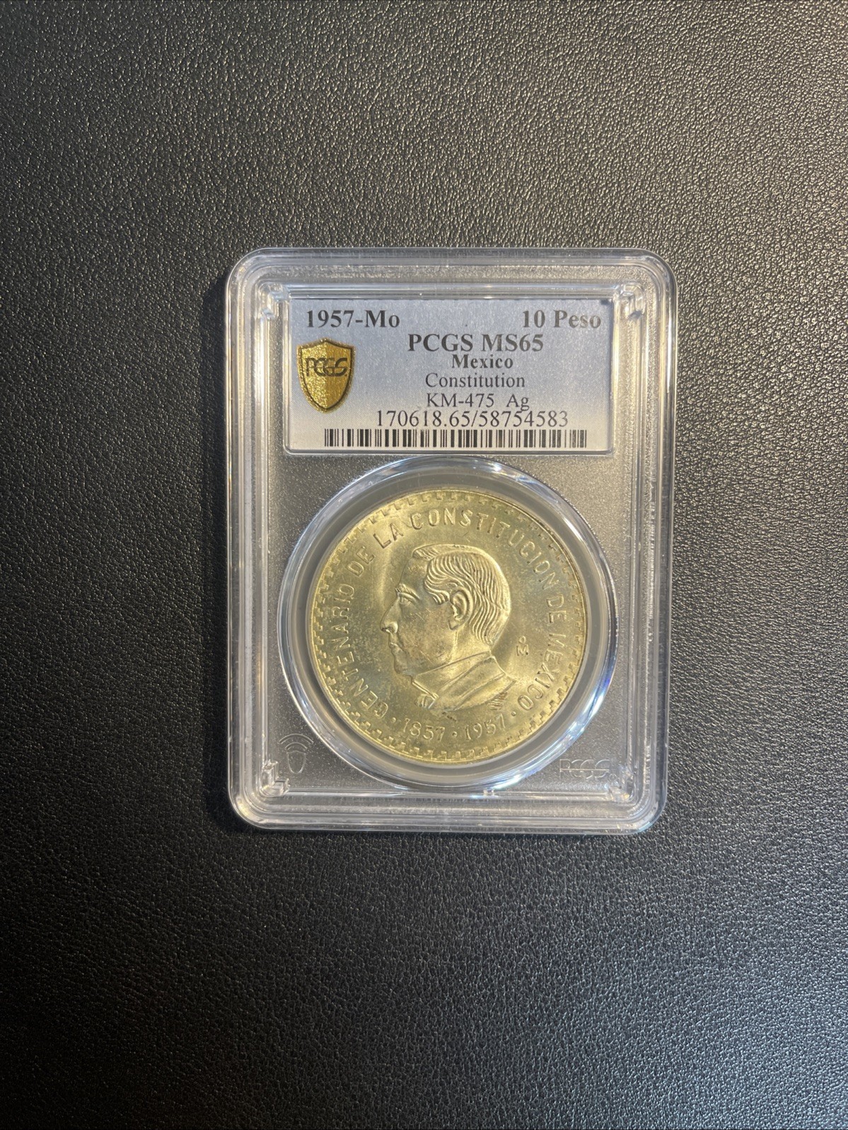 1957-Mo MEXICO REPUBLIC SILVER 10 PESOS 100 YEARS CONSTITUTION KM-475 PCGS MS65