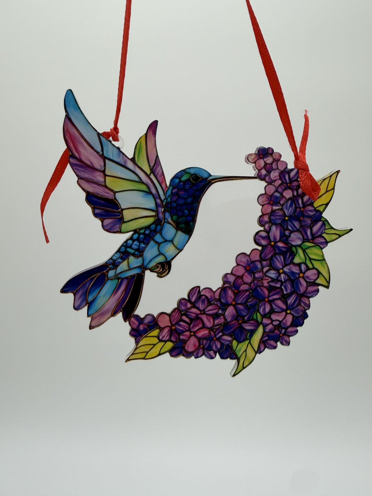 Hummingbird Lilac Floral Stained Glass Look Suncatcher Ornament 4x4 Colorful