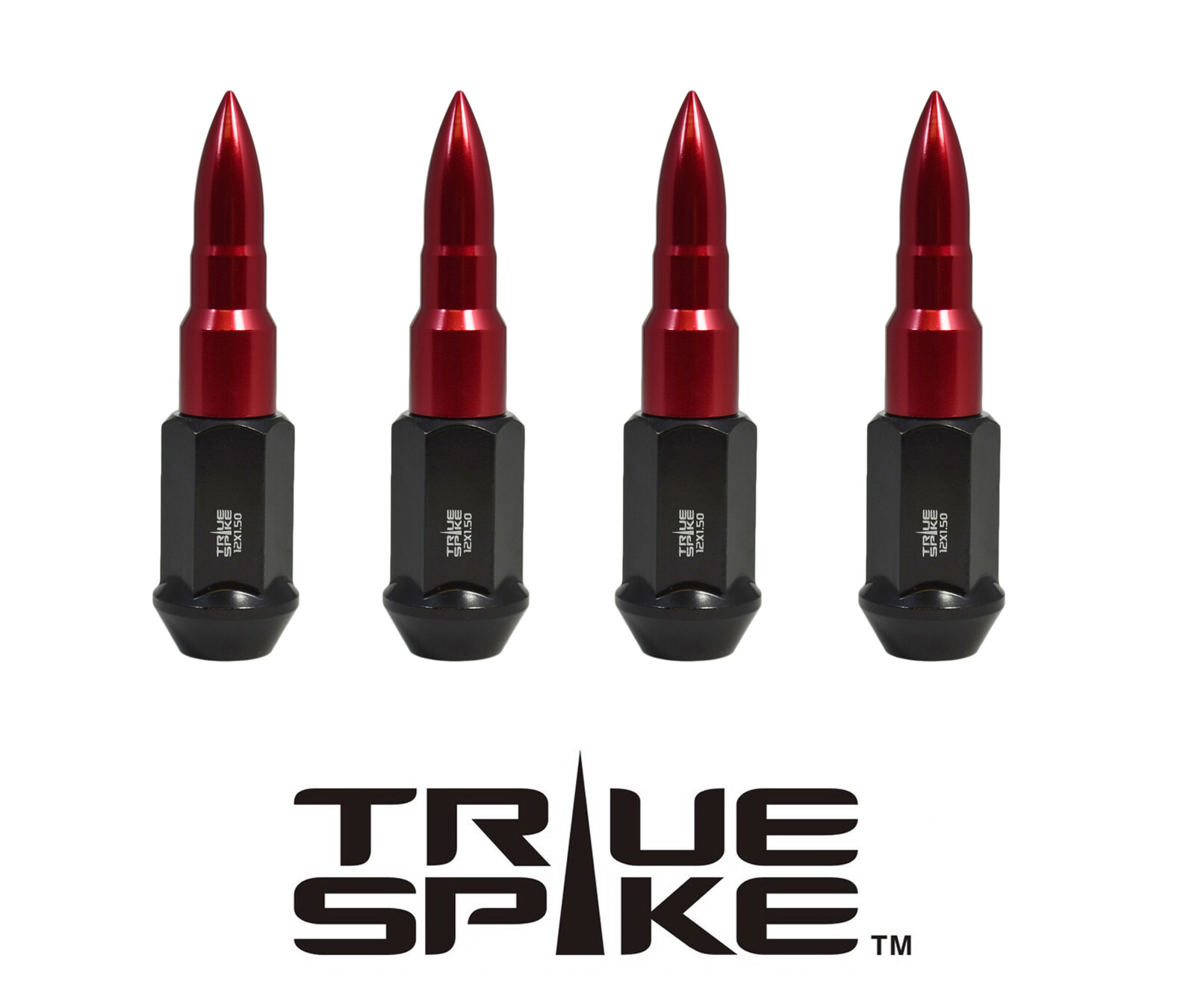 16PC TRUE SPIKE 89MM 12X1.25 FORGED STEEL LUG NUTS RED EXTENDED BULLET SPIKES
