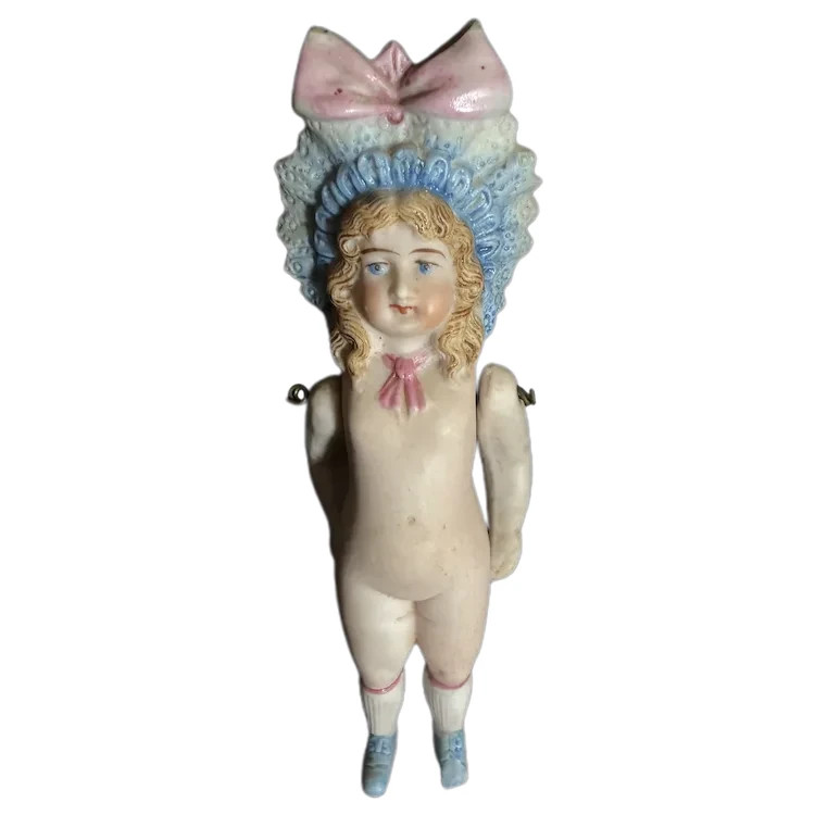 Antique German Fancy All Bisque Doll Bonnet Head Dollhouse Antique German Fancy All Bisque Doll Bonnet Head Dollhouse