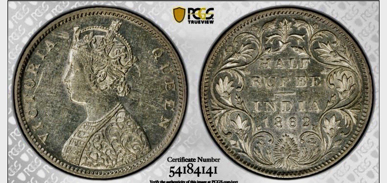 1862 B OR M INDIA 1/2 RUPEE SW-4.125 PCGS AU55 SILVER COIN 1862 B OR M INDIA 1/2 RUPEE SW-4.125 PCGS AU55 SILVER COIN
