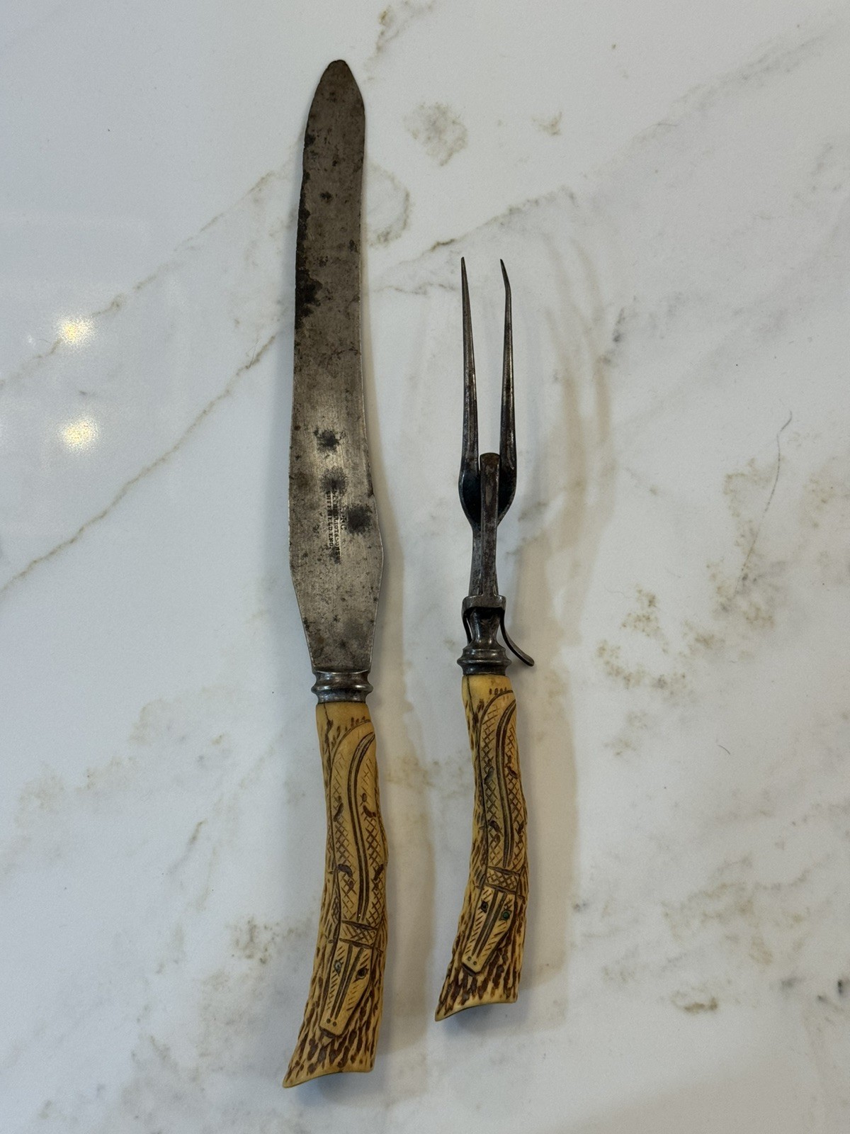 Antique Early 1800\'s JOSEPH ELLIOT & SONS Sheffield Alligator HANDLE Carving Set Antique Early 1800\'s JOSEPH ELLIOT & SONS Sheffield Alligator HANDLE Carving Set