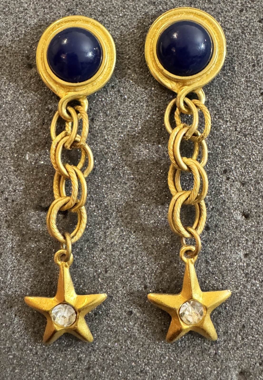 Vintage Gold Tone Blue Cabochon Star Drop Earrings Celestial Rhinestone Dangle