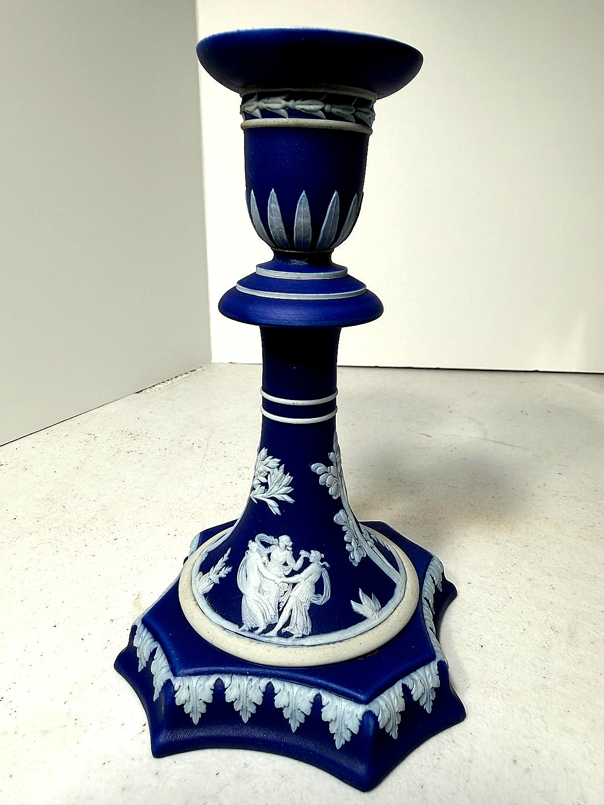 Rare - 19th C. - Wedgwood Jasperware Dark Blue - Octagon - Candlestick 7\ Rare - 19th C. - Wedgwood Jasperware Dark Blue - Octagon - Candlestick 7\