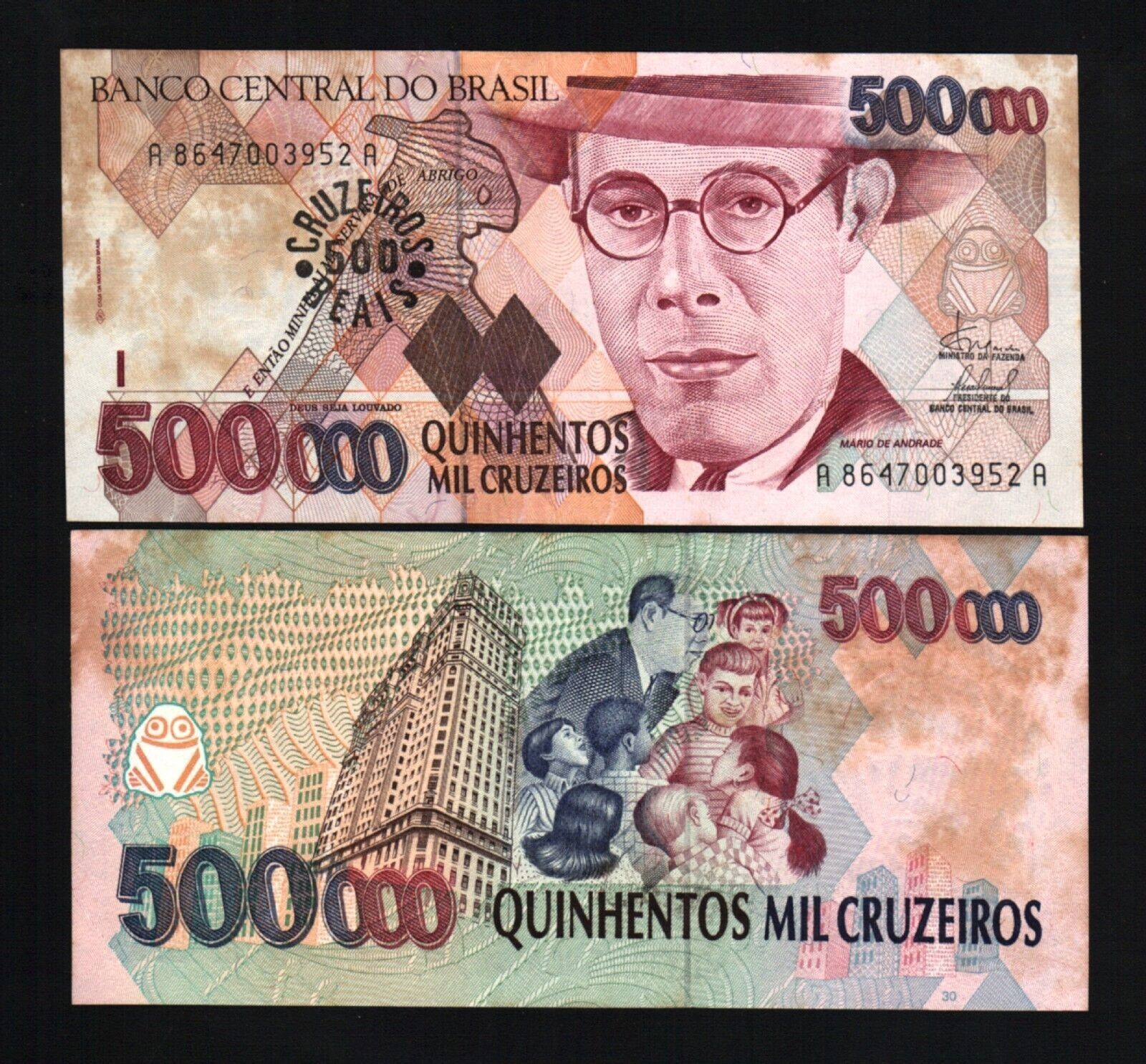 Brazil 500 on 500000 CRUZEIROS P-239 1993 NATIVE INDIAN Brazilian ½ Million NOTE