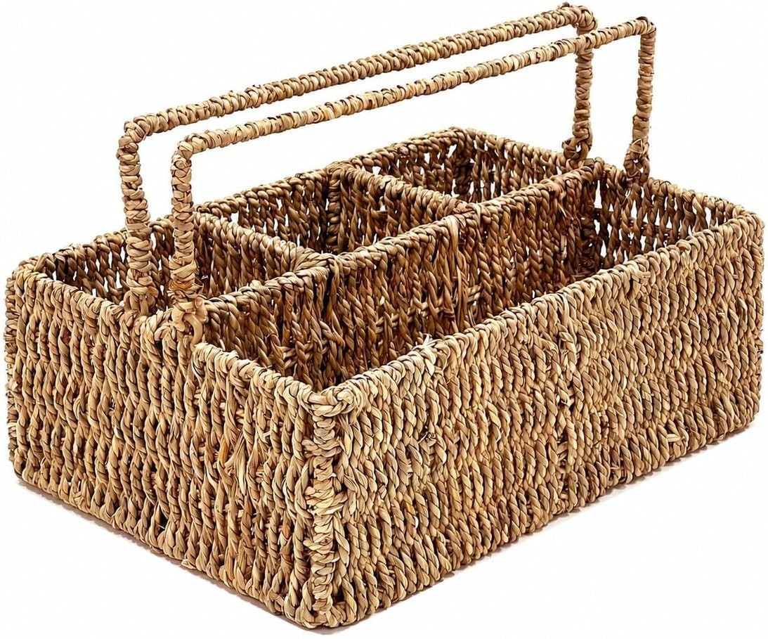Large L-Sized Hand Woven Utensil Caddy Carrier, Natural Jute Wicker Seagrass