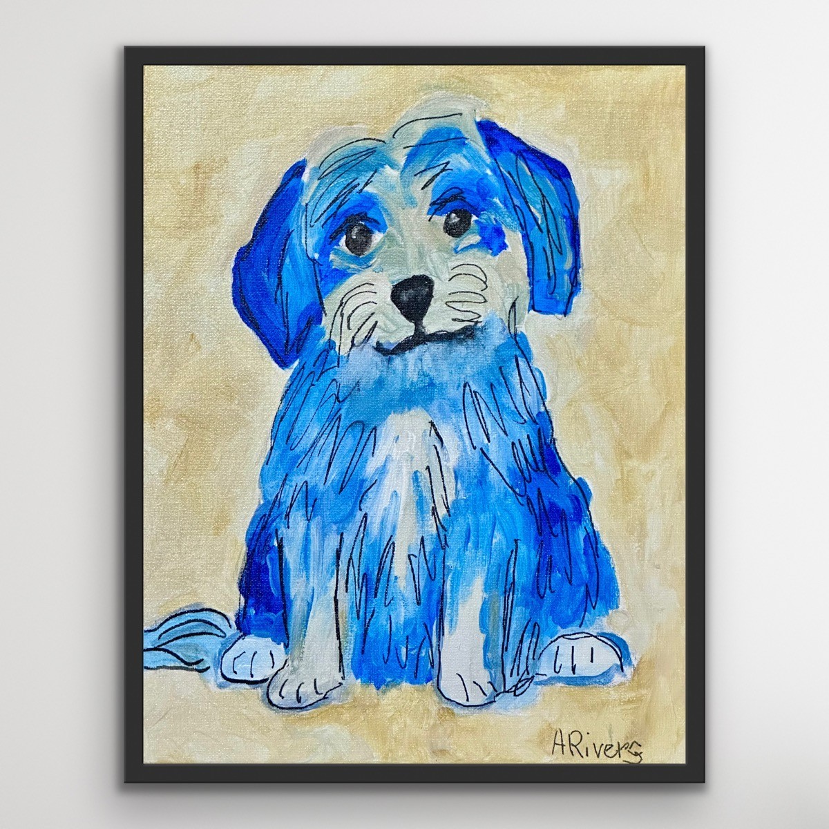 ARivers Modern Art Blue Dog Painting 14x11 Signed Canvas Original Collectible